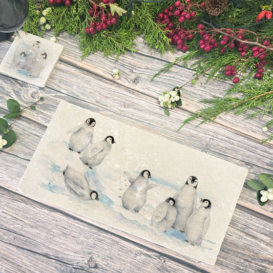 Beautiful Penguin family huddled together, with some cheeky characters having fun sliding around on their tummies, this design is on  our best selling sharing platter they are in a snowy Antarctica the perfect gift finished with a blue ribbon.  
