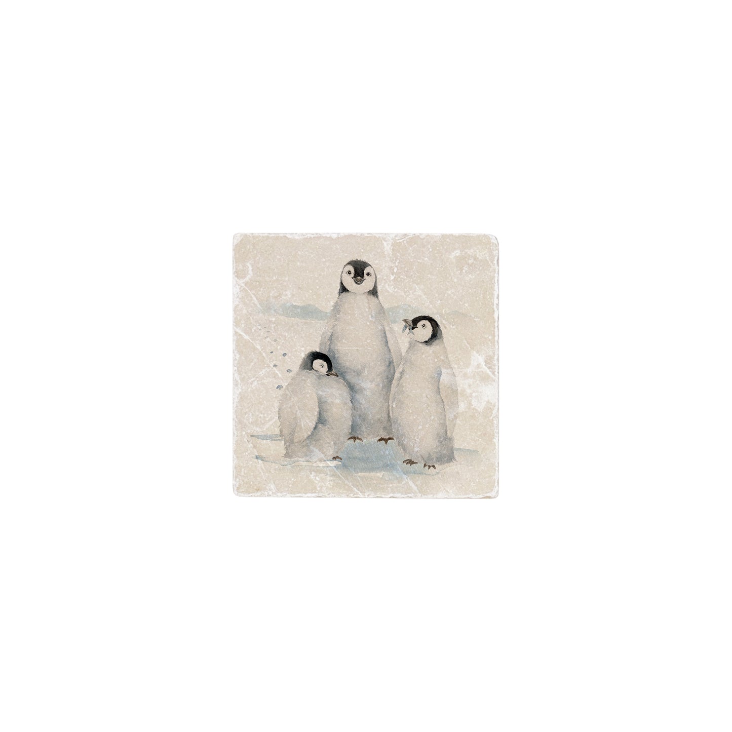 A 10x10cm cream marble splashback tile with a watercolour design featuring a huddle of penguins.