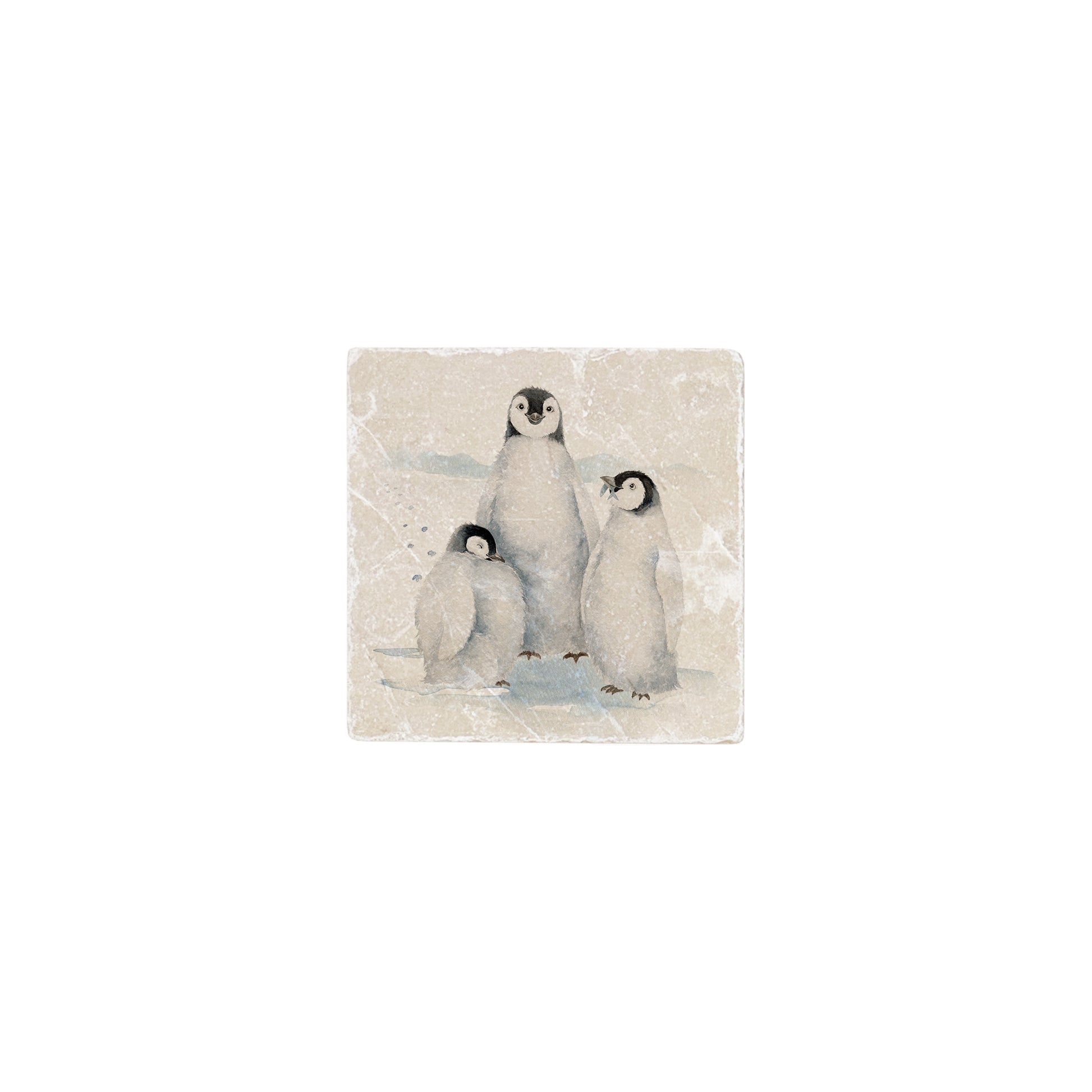 A 10x10cm cream marble splashback tile with a watercolour design featuring a huddle of penguins.