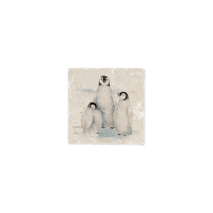 A 10x10cm cream marble splashback tile with a watercolour design featuring a huddle of penguins.