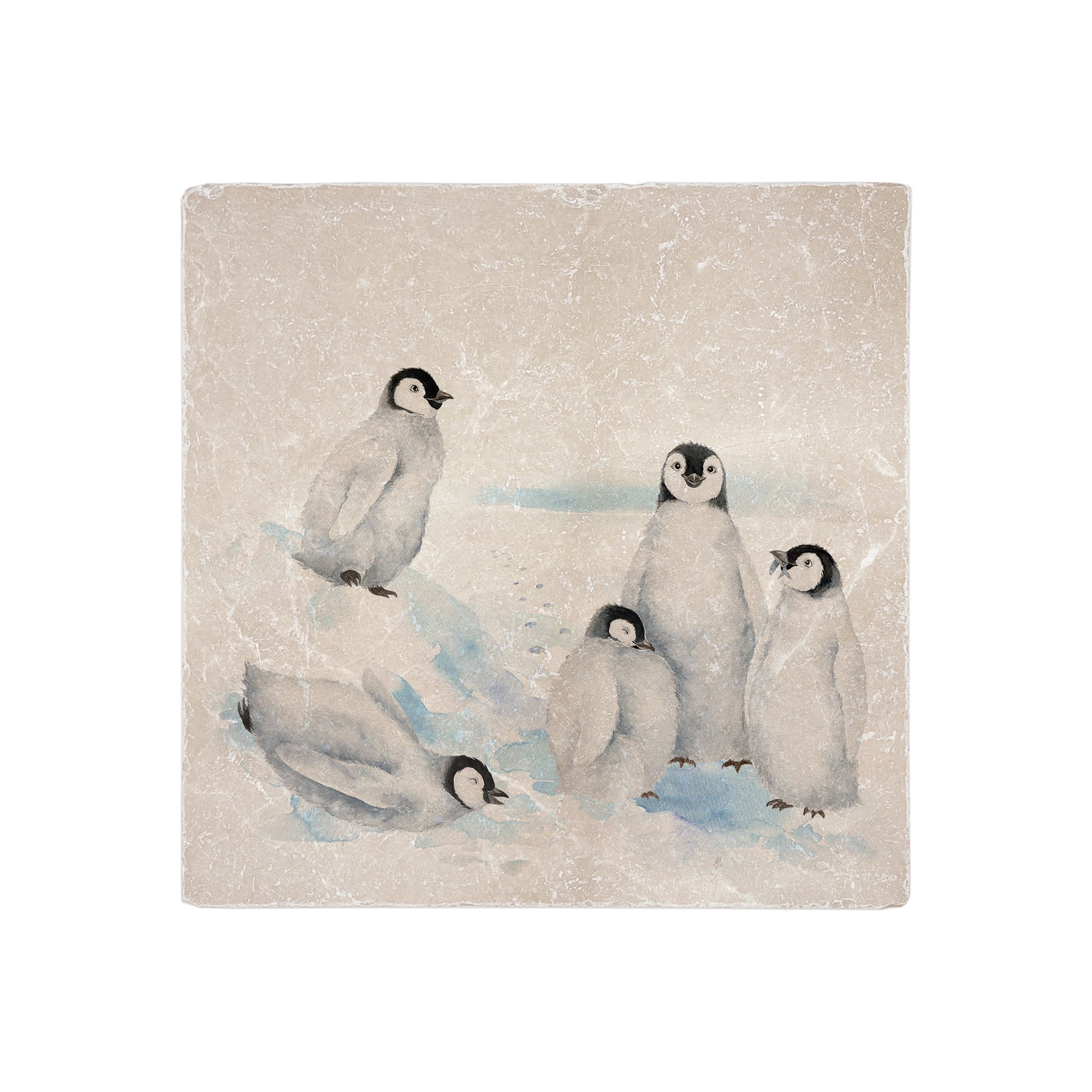 This snowy Design features emperor penguins huddled close together.  