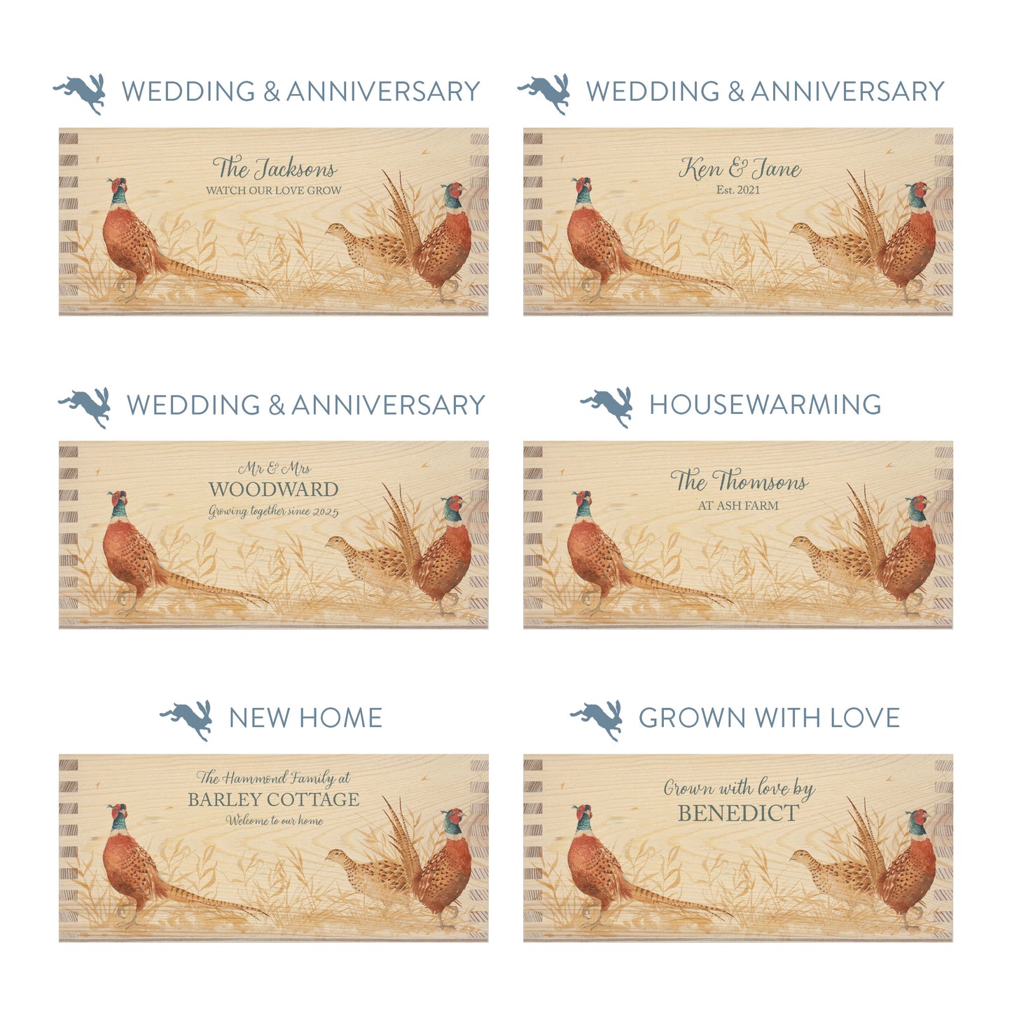 Personalised phrase options for a rectangle wooden planter box with a watercolour design of pheasants in a golden field. Choose your phrase to suit any occasion including birthday, wedding, anniversary, engagement, and new home.
