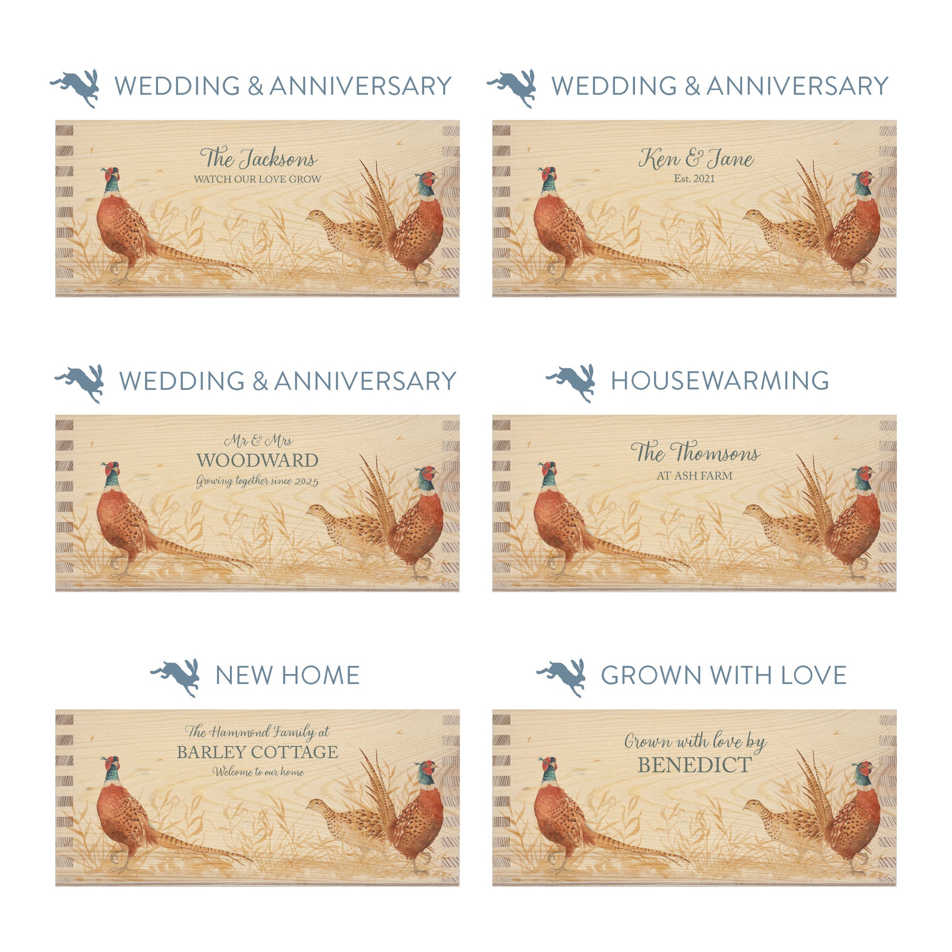 Personalised phrase options for a rectangle wooden planter box with a watercolour design of pheasants in a golden field. Choose your phrase to suit any occasion including birthday, wedding, anniversary, engagement, and new home.