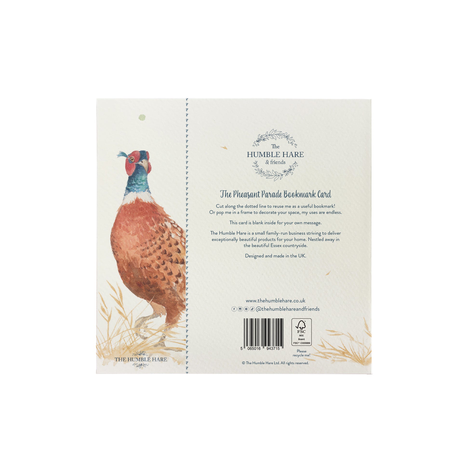 The back of a bookmark greetings card featuring a pheasant in a watercolour style. The back of the card shows The Humble Hare logo and that the card is FSC certified.