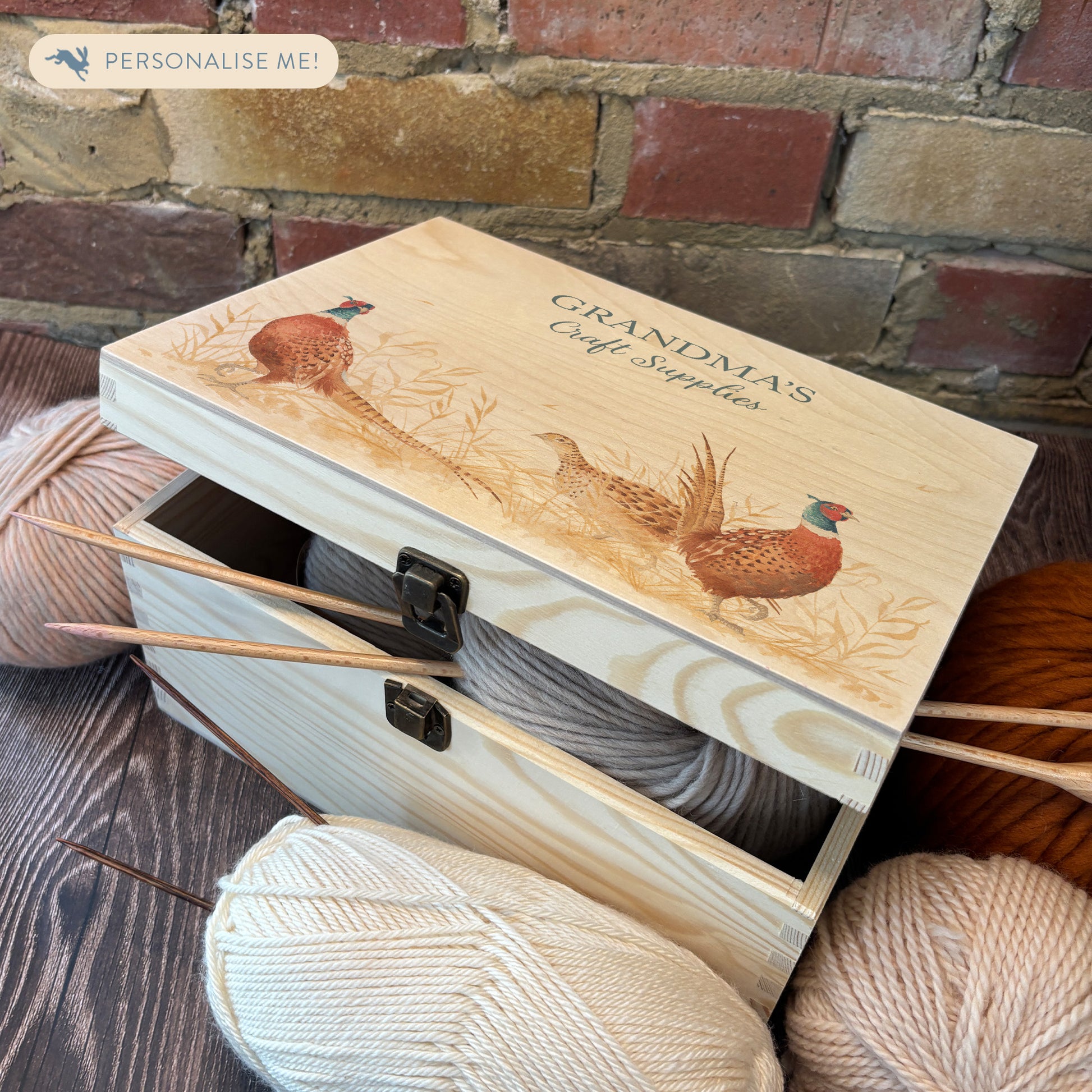 Medium wooden pine gift box, The perfect Personalised keepsake, multipurpose, memory box, storage box with three male pheasants and one female pheasant in a crop field. The design  features our classic gentle watercolour style. The best was to offer a truly unique gift for a loved ones