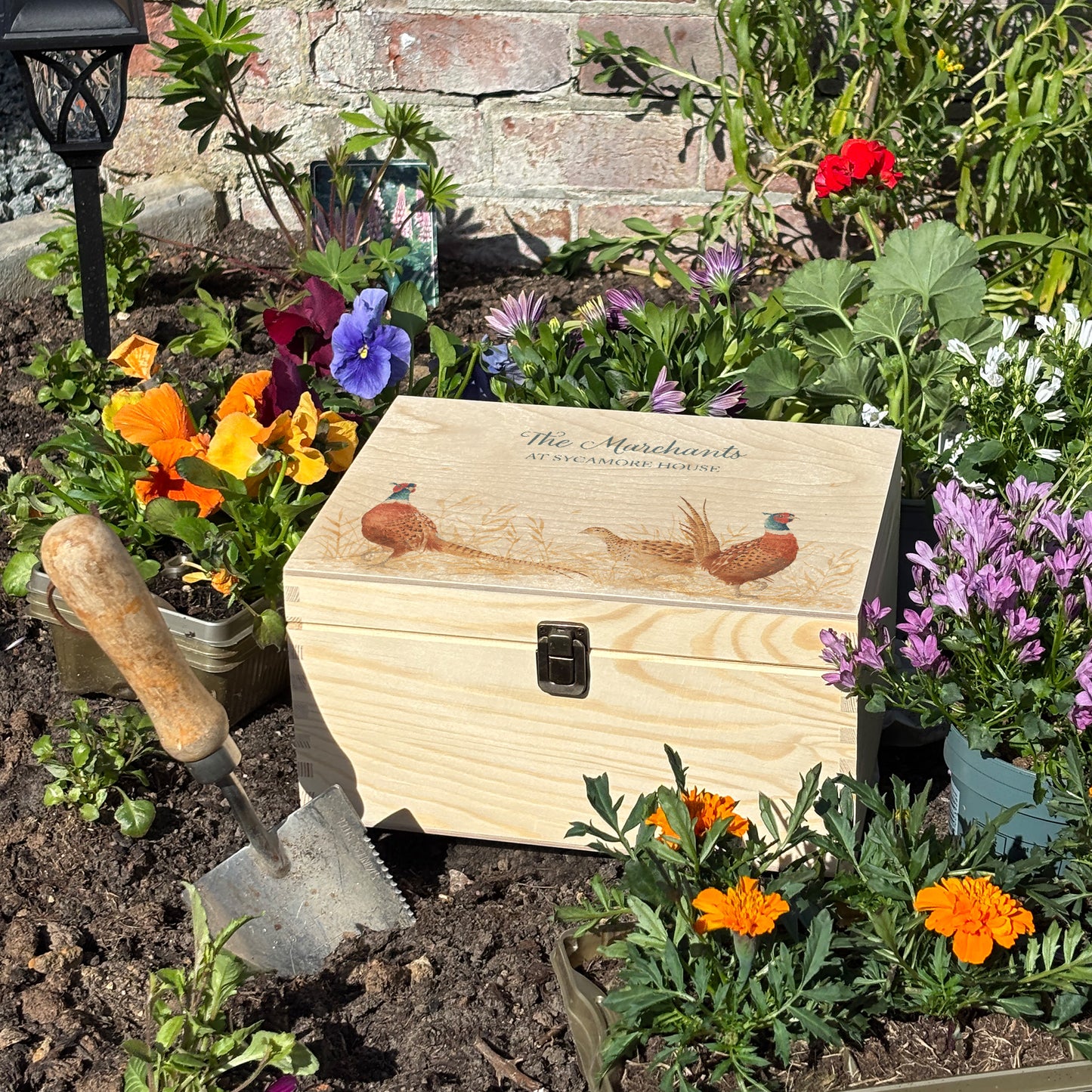 Medium wooden pine gift box, The perfect Personalised keepsake, multipurpose, memory box, storage box with three male pheasants and one female pheasant in a crop field. The design  features our classic gentle watercolour style. The best was to offer a truly unique gift for a loved ones