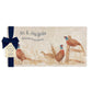 A personalised rectangular marble sharing platter featuring a parade of pheasants in a watercolour style,  packaged with a luxurious dark blue bow and branded gift tag.