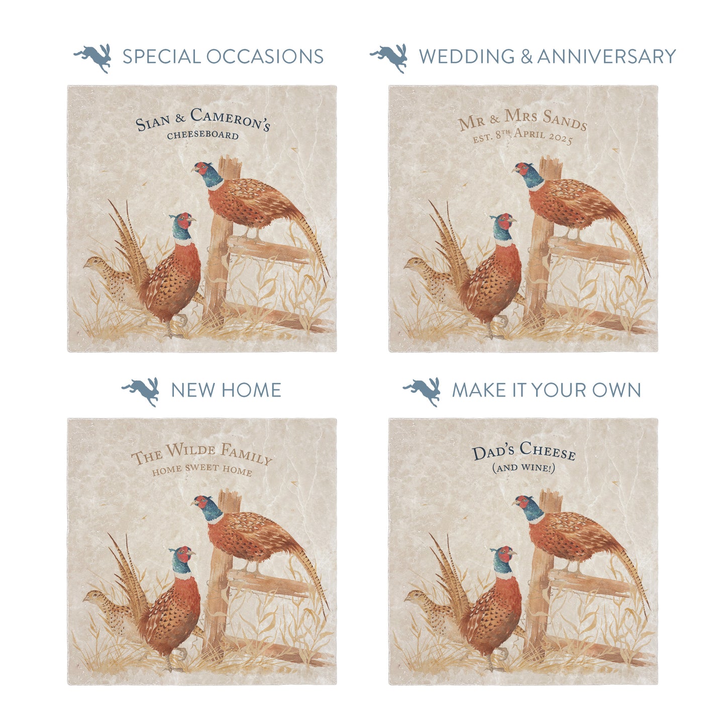 Collection of large marble platters showing the personalisation options available for all occasions including birthdays, weddings, anniversaries and new home gifts.