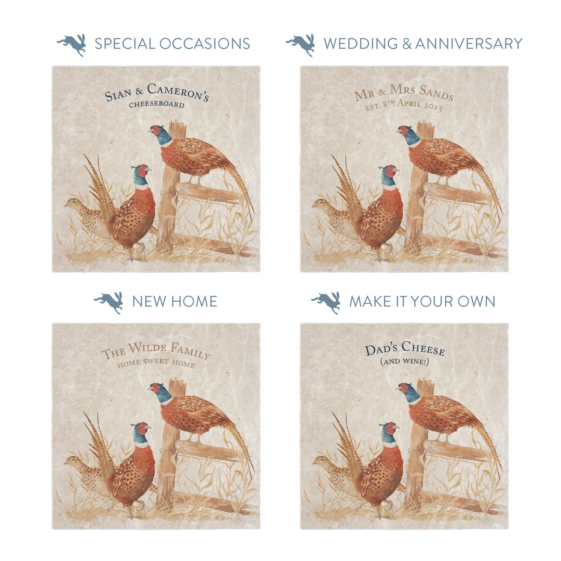 Collection of large marble platters showing the personalisation options available for all occasions including birthdays, weddings, anniversaries and new home gifts.