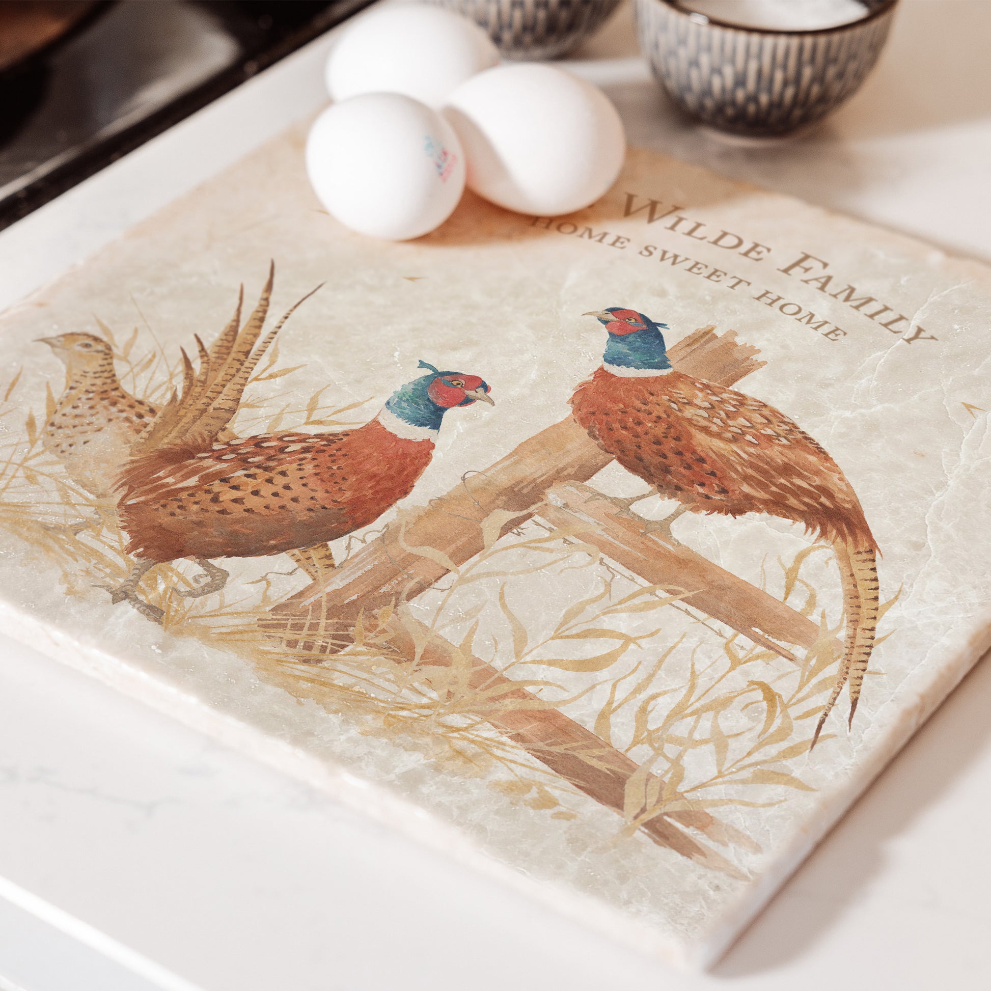 A personalised marble large platter with a pheasant watercolour design. Create a personalised placemat, serving platter, trivet or cheeseboard as a luxury gift.