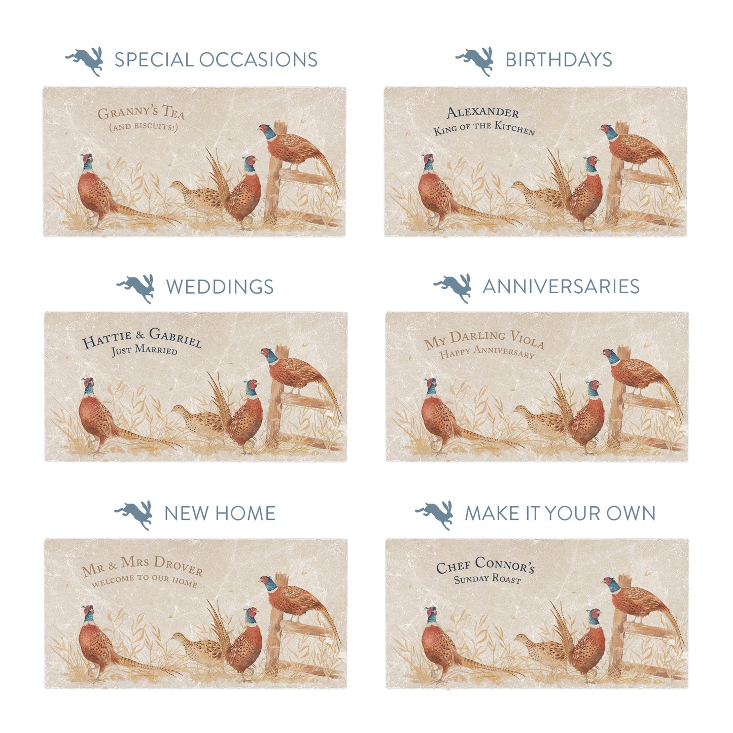 Collection of marble sharing platters showing the personalisation options available for all occasions including birthdays, weddings, anniversaries and new home gifts.