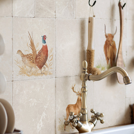 Watercolour Pheasants set in a crop field, The perfect wall tile 