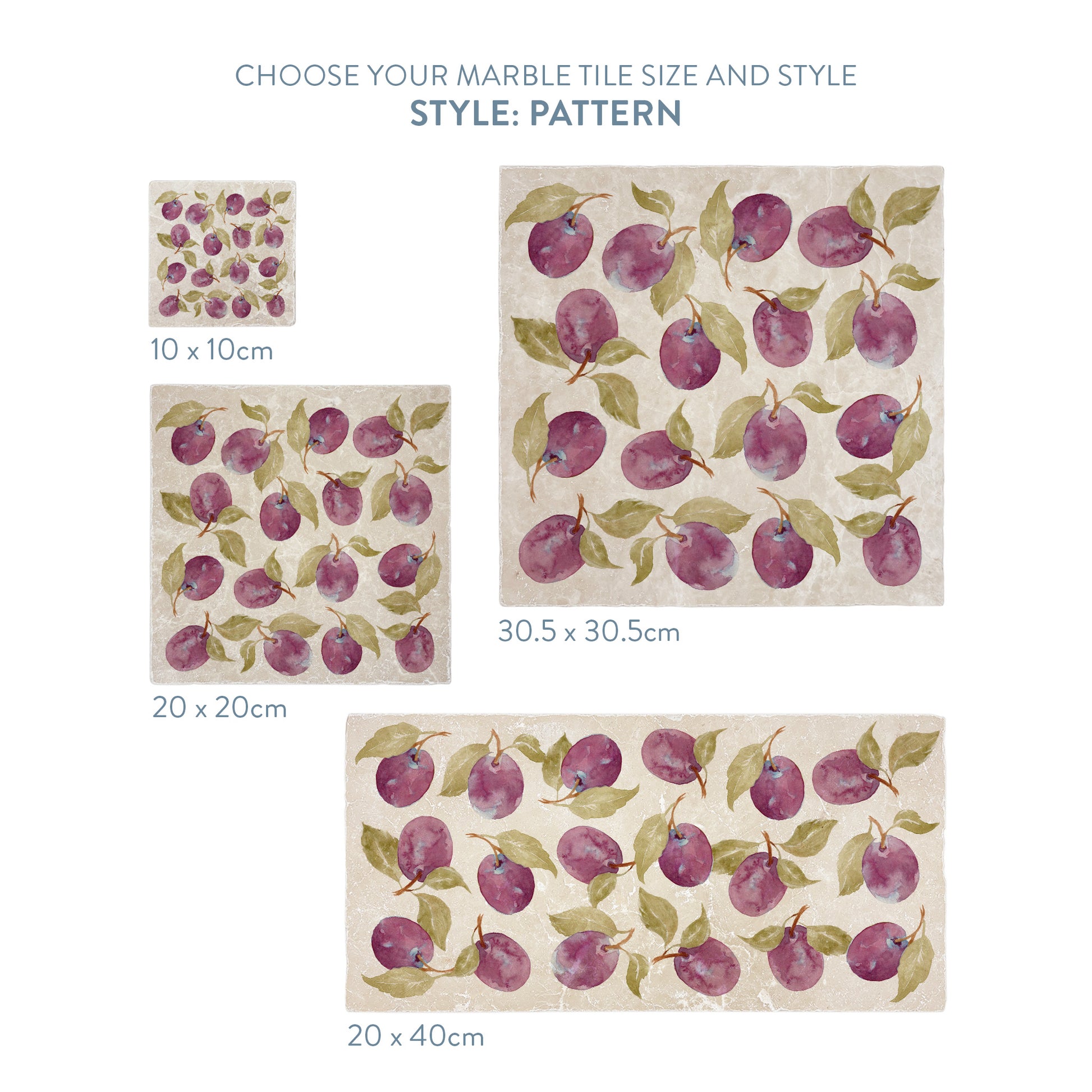 A selection of marble splashback tiles with a plum pattern, the tiles are available in 4 sizes.
