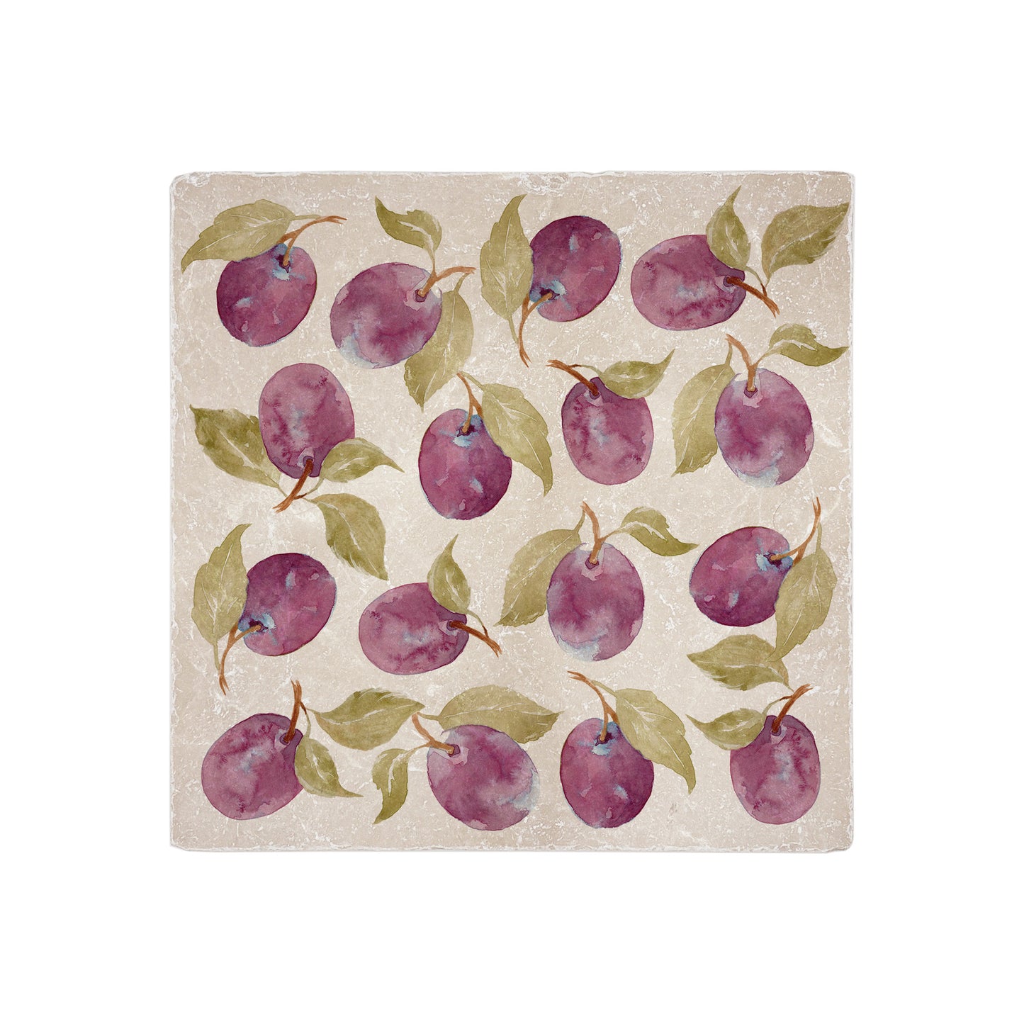 A square medium multipurpose platter used as a side plate on an outdoor dining table. The platter features a maximalist plum pattern.
