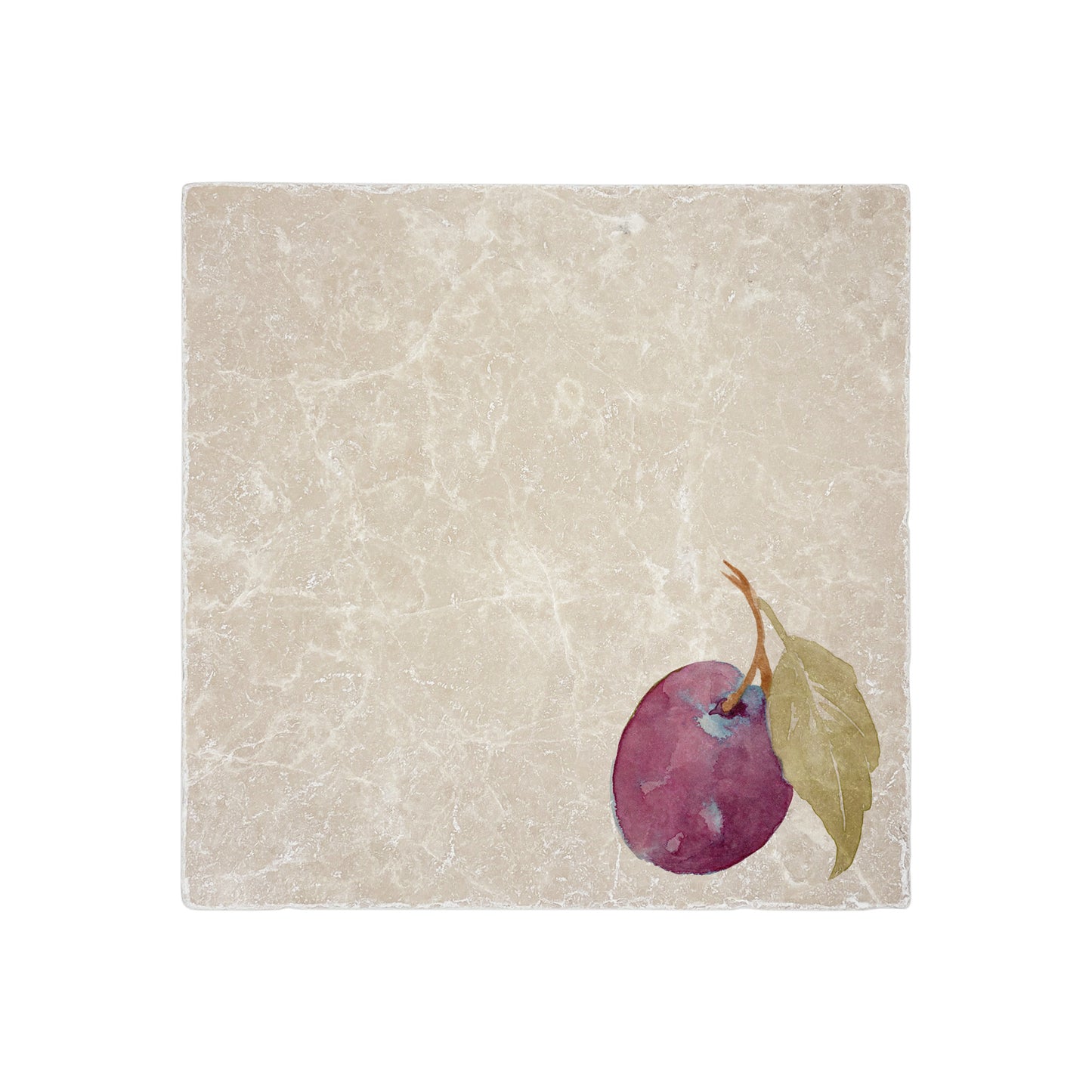 A garden table set with marble placemats and coasters that feature a watercolour plum design.