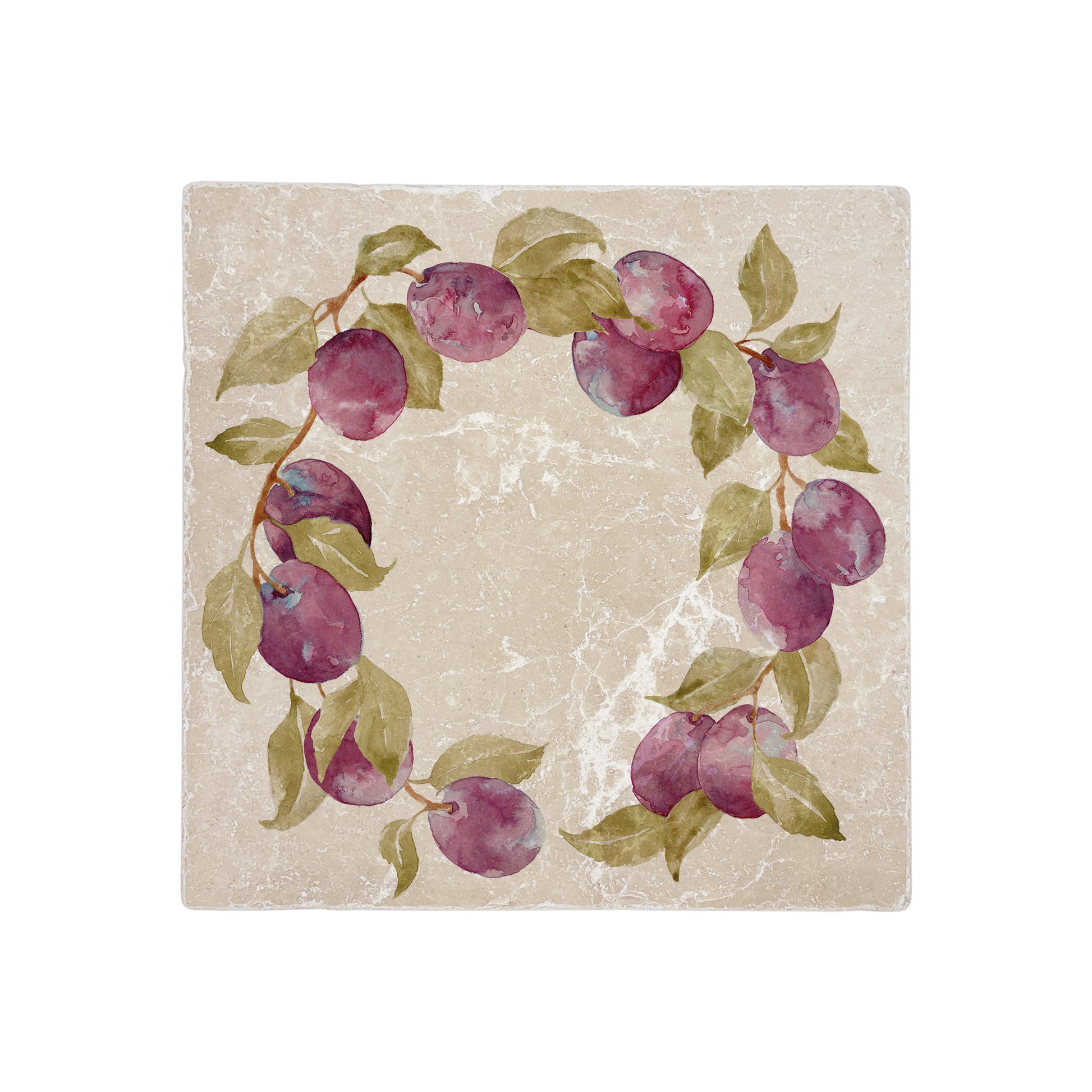 A medium square marble platter featuring a watercolour plum wreath design. The platter is being used to serve a plum tart.