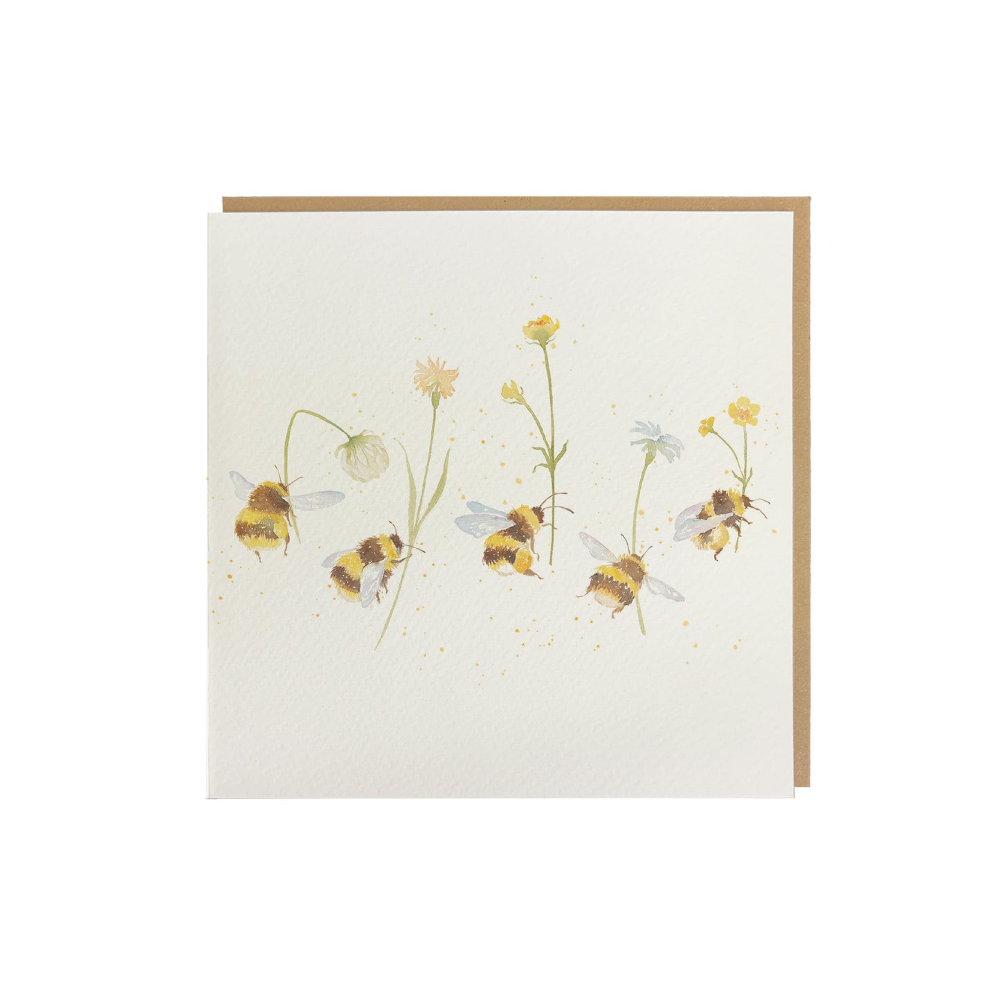 A greetings card featuring a parade of bumblebees holding flowers in a watercolour style. The card has a recyclable brown kraft envelope behind it.