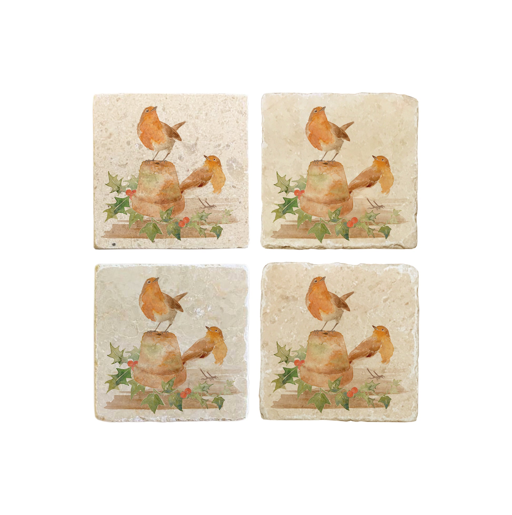 A set of 4 handmade cream marble coasters, featuring a watercolour design of Christmas robins and holly.