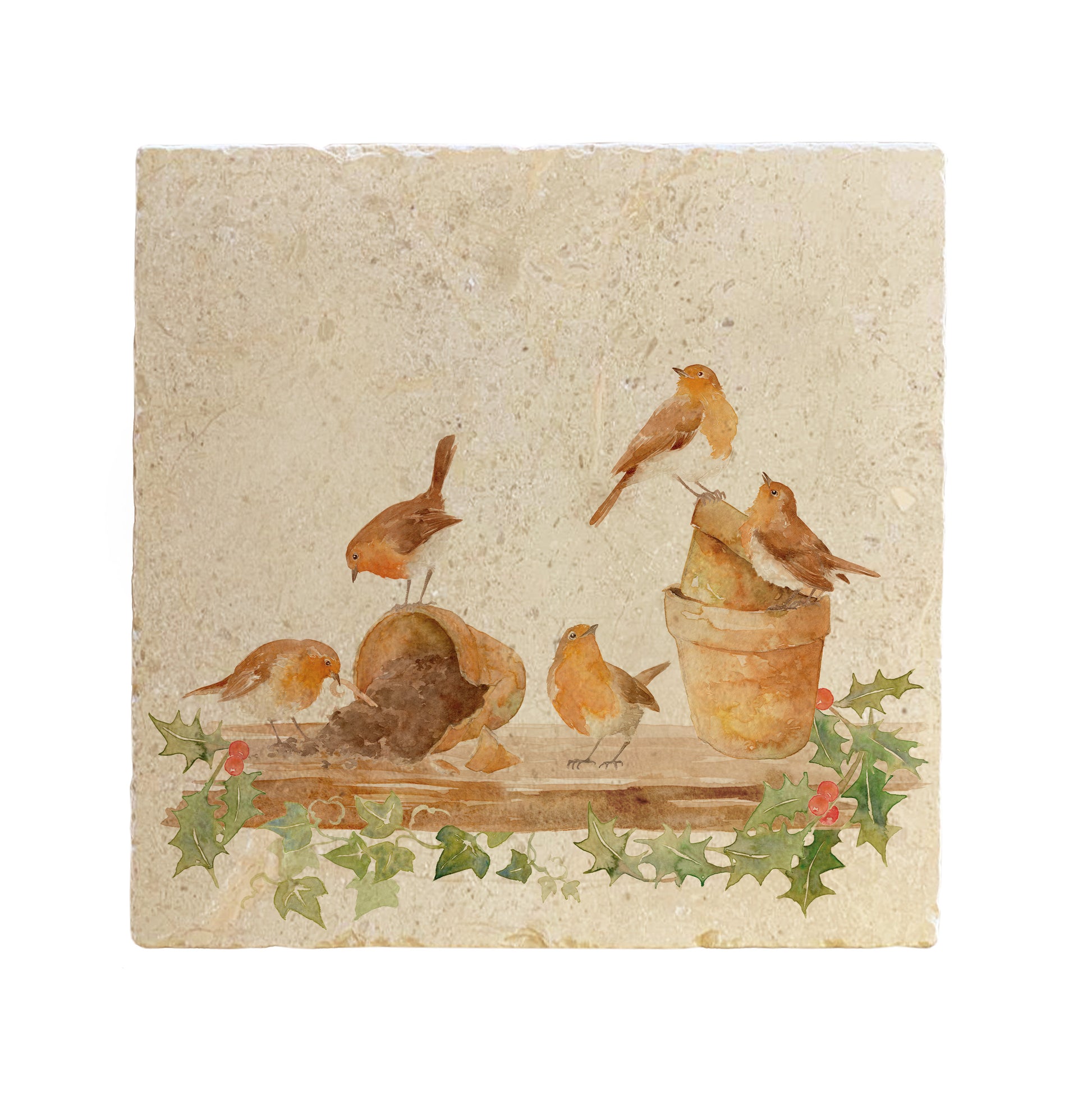 A large multipurpose marble platter with a watercolour Christmas robin and holly design.