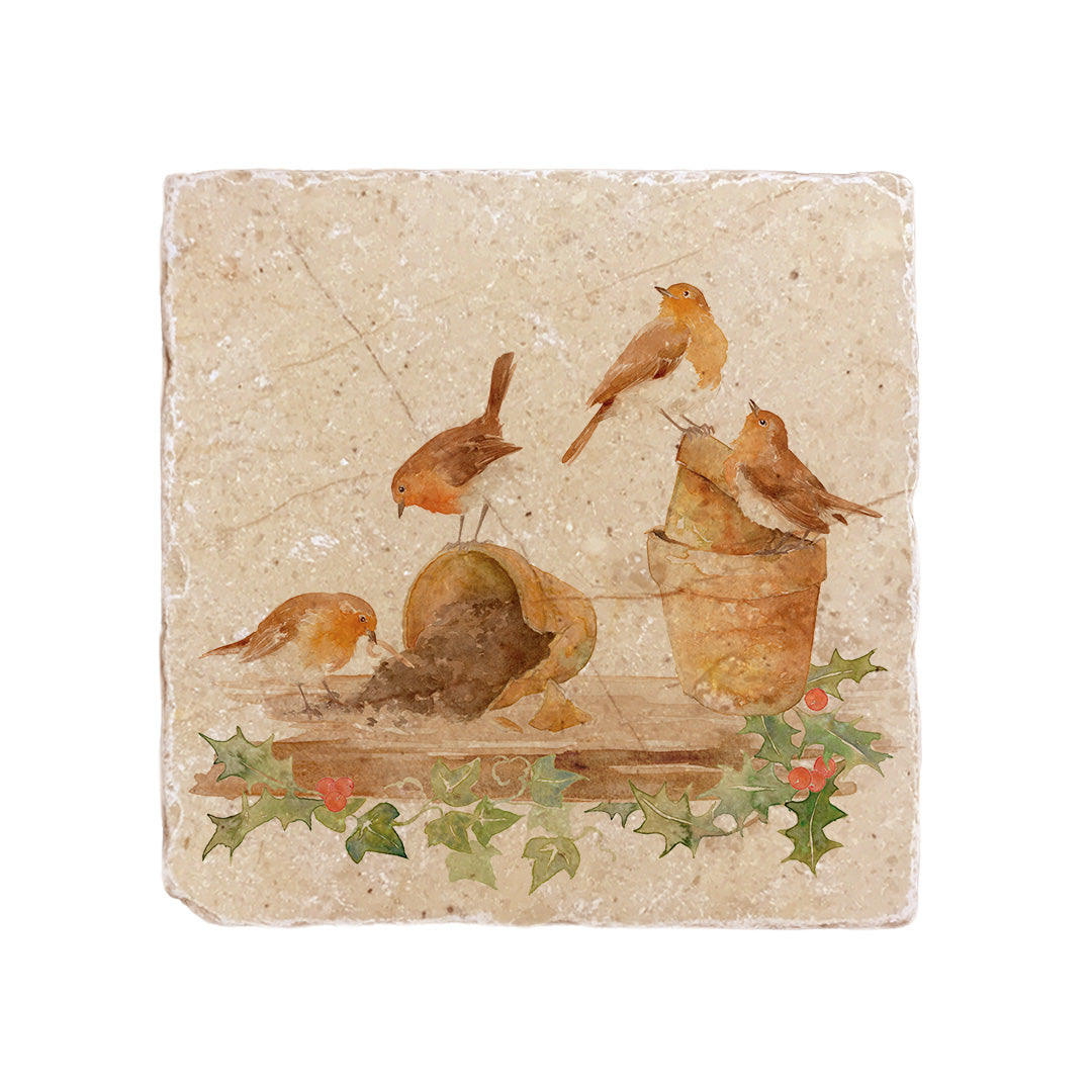 A medium square marble platter featuring a watercolour Christmas design of robins in a potting shed.