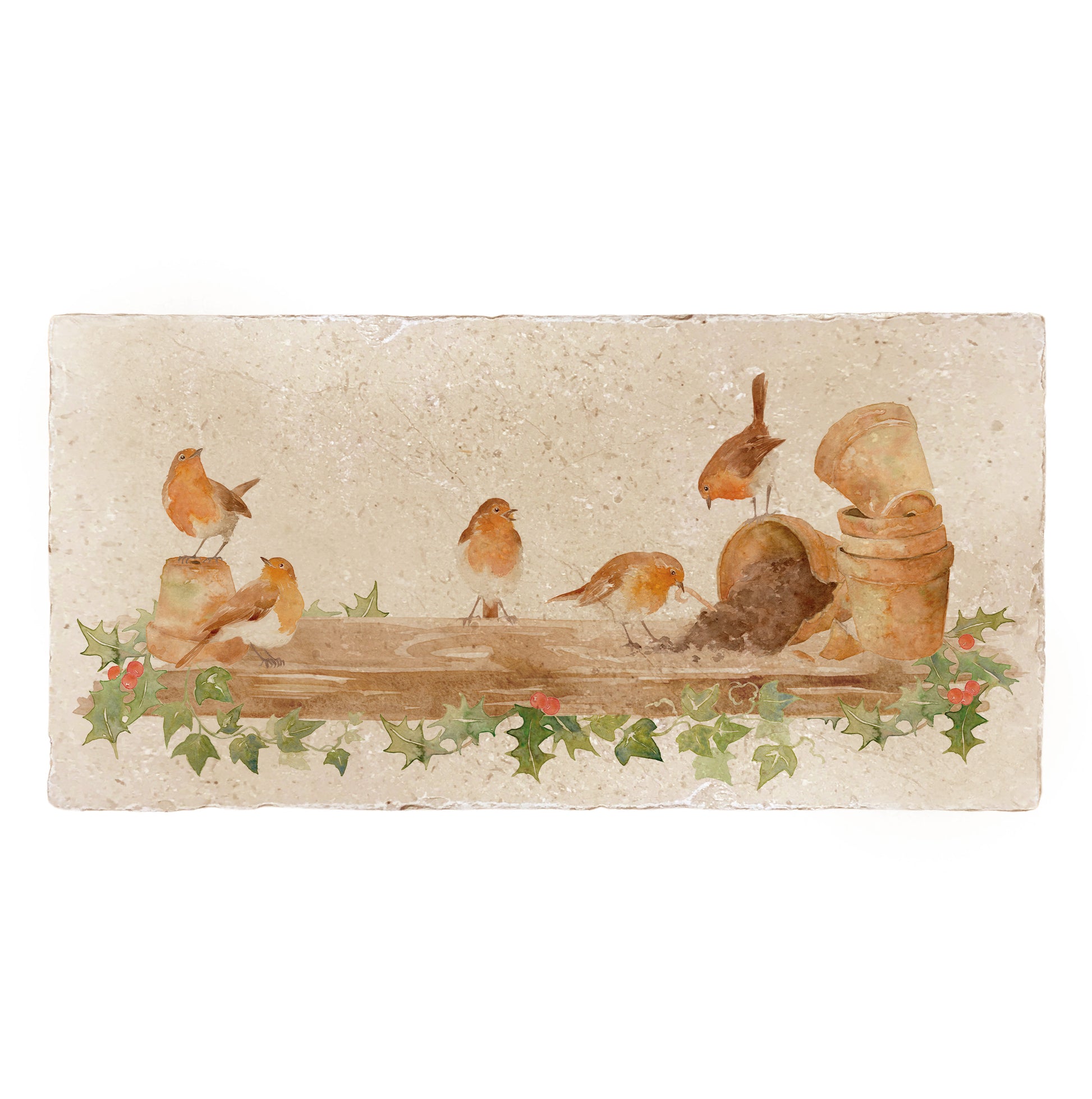 A multipurpose marble sharing platter with a watercolour Christmas robin and holly design.