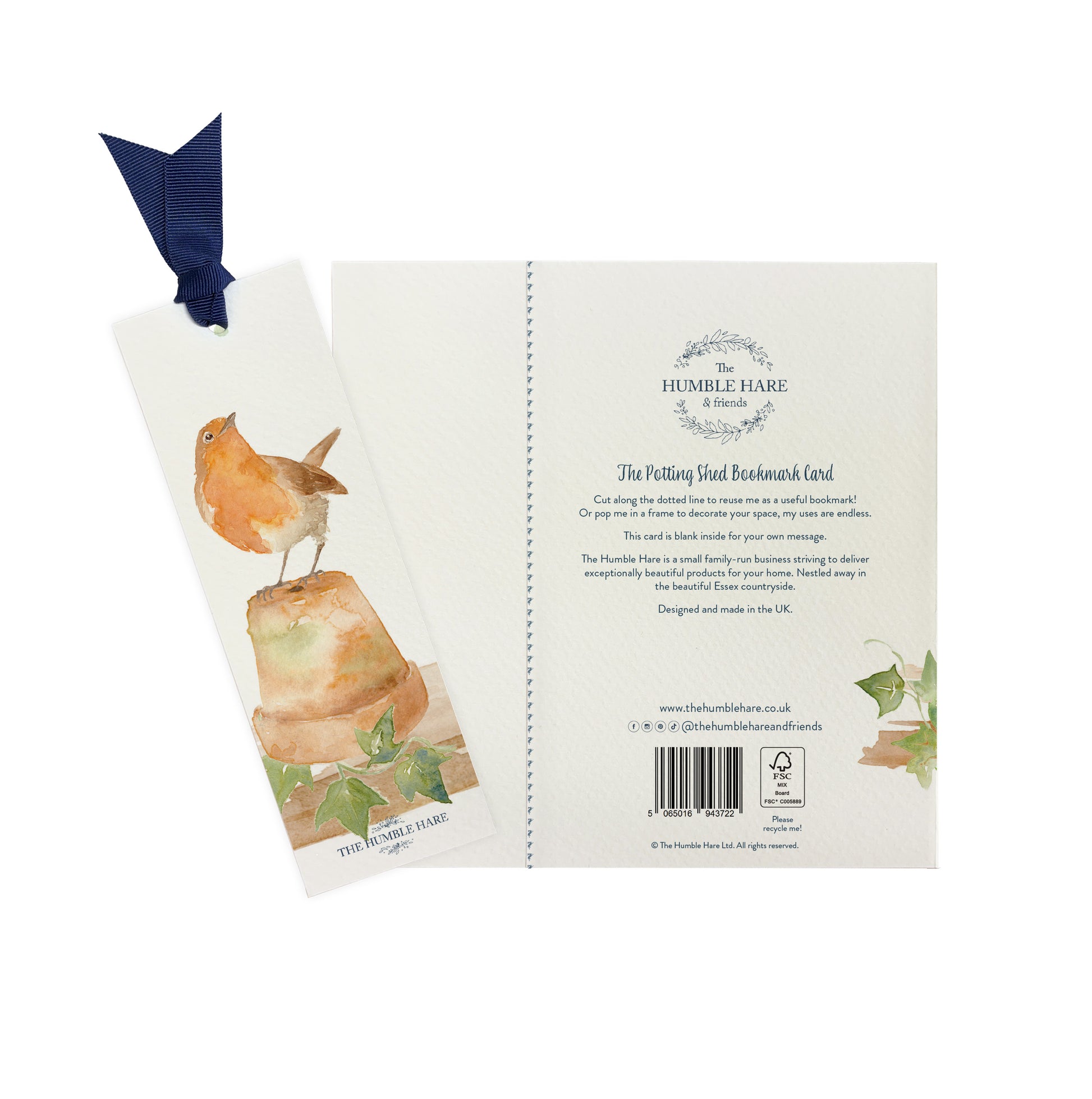 The back of a greetings card showing that it can be reused as a bookmark featuring a robin sat on a plant pot in a watercolour style.