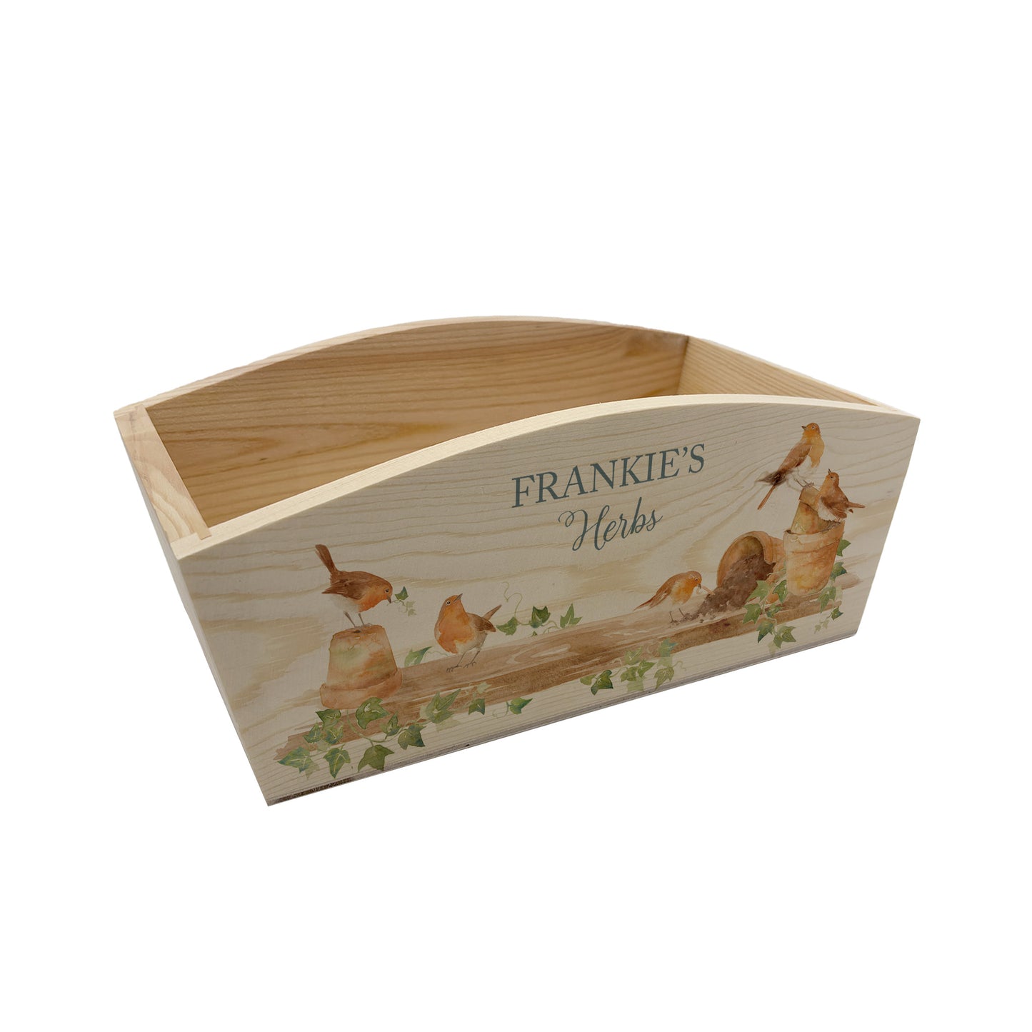 An arched wooden planter box with a watercolour design of robins causing mischief in a potting shed. The planter can be personalised with names and a selection of phrases for wedding, anniversary, engagement, birthday or new home gifts.