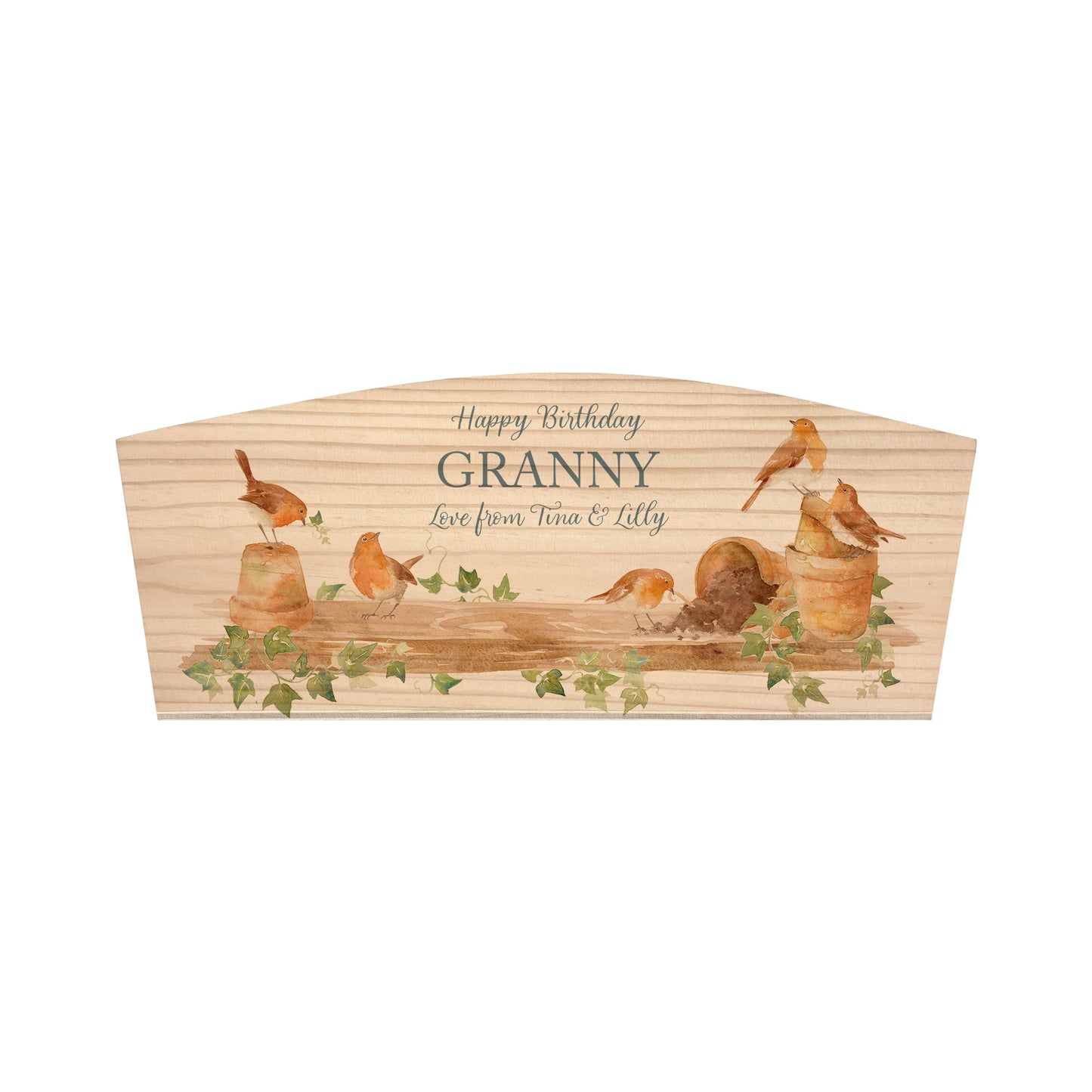 An arched wooden planter box with a watercolour design of robins causing mischief in a potting shed. The planter is an ideal gift for gardening enthusiasts, and can be personalised with a selection of phrases and custom names, dates and house number or name.
