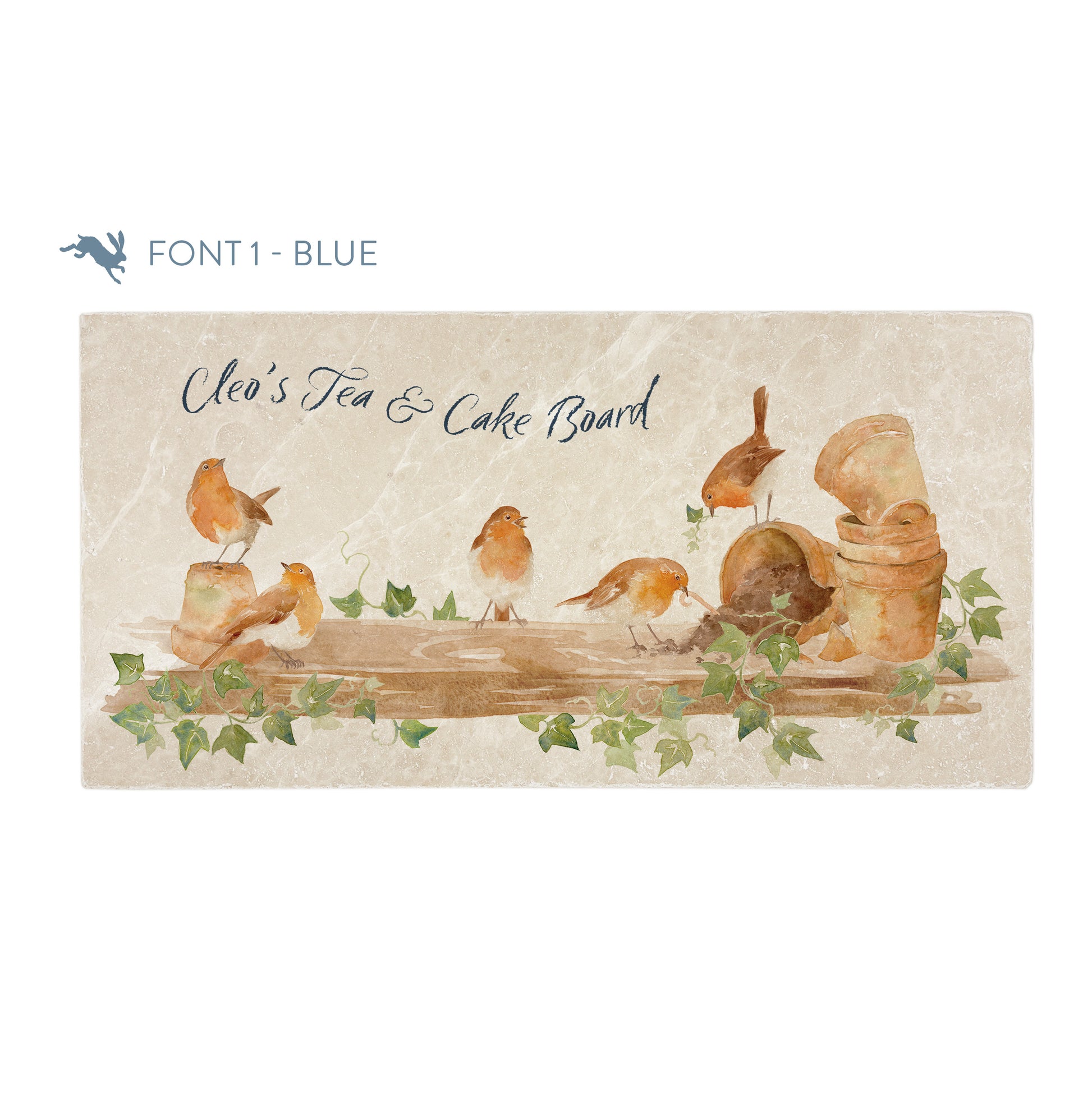 A personalised rectangular marble sharing platter featuring a group of robins up to mischief in a watercolour style. The example personalised dark blue text reads ‘Cleo's Tea & Cake Board’ in a brush script font.