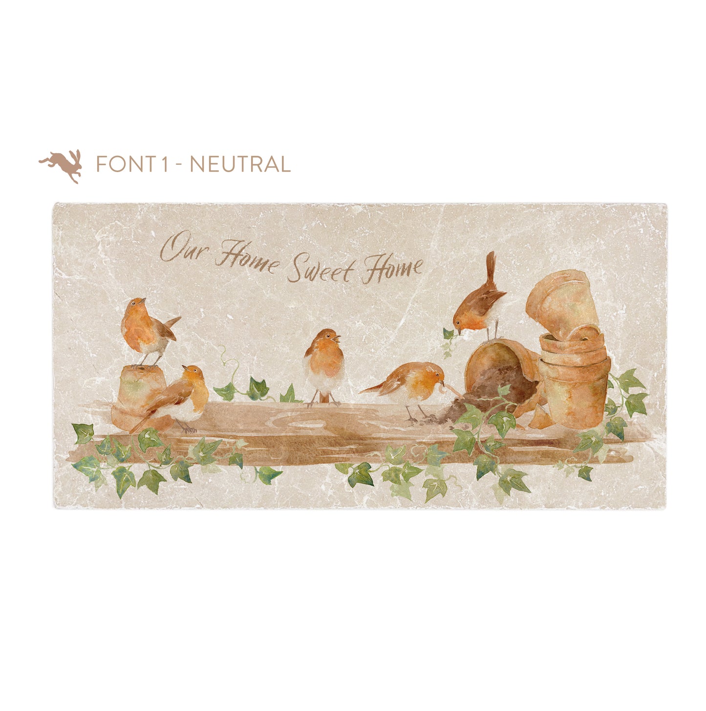 A personalised rectangular marble sharing platter featuring a group of robins up to mischief in a watercolour style. The example personalised neutral colour text reads ‘Our Home Sweet Home’ in a brush script font.