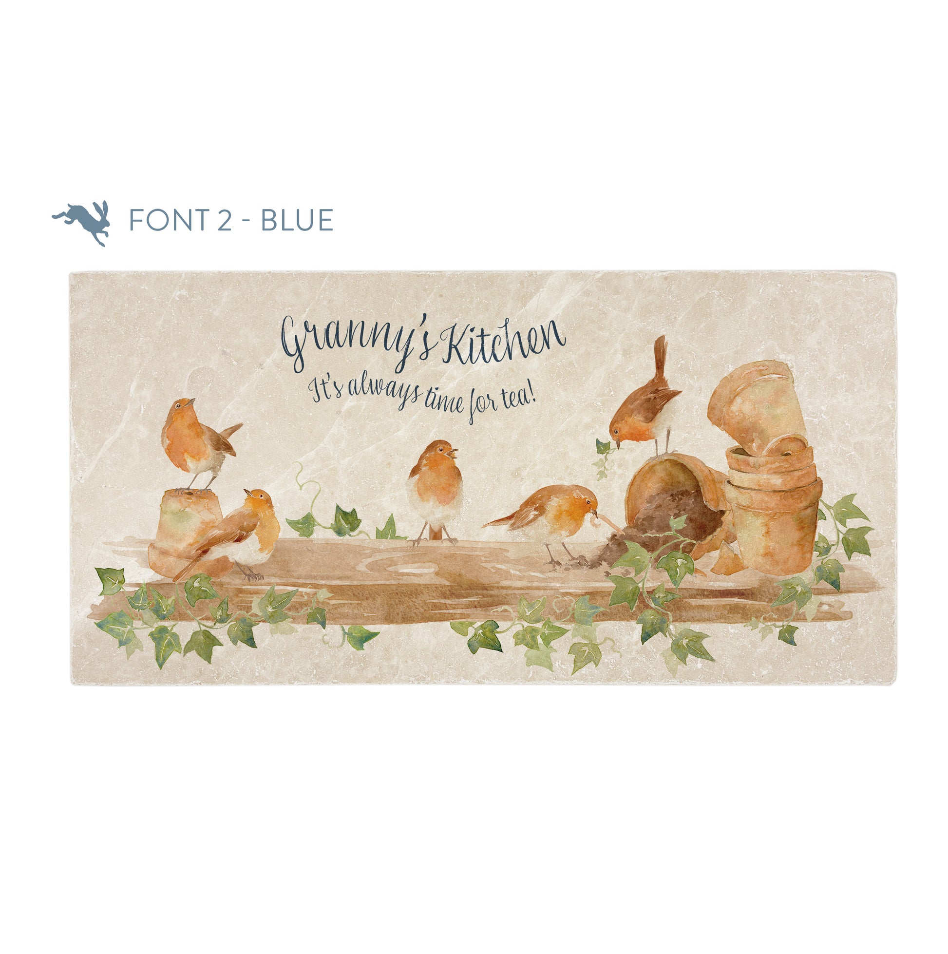 A personalised rectangular marble sharing platter featuring a group of robins up to mischief in a watercolour style. The example personalised dark blue text reads ‘Granny's Kitchen, It's always time for tea!’ in a brush script font.