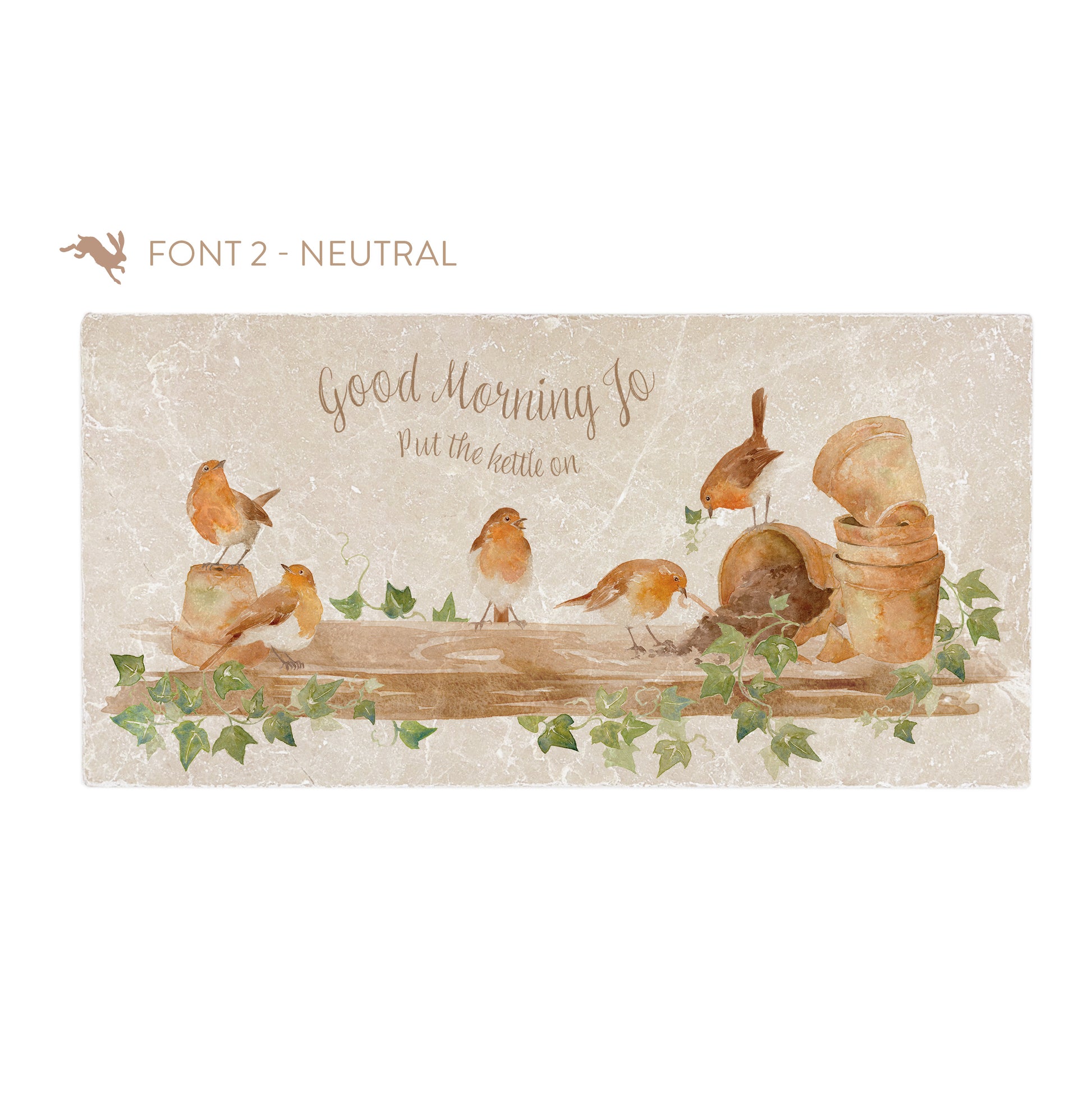 A personalised rectangular marble sharing platter featuring a group of robins up to mischief in a watercolour style. The example personalised neutral colour text reads ‘Good Morning Jo, Put the kettle on’ in a brush script font.