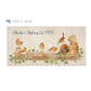 A personalised rectangular marble sharing platter featuring a group of robins up to mischief in a watercolour style. The example personalised dark blue text reads ‘Phoebe's Bakery Est. 1993’ in a brush script font.