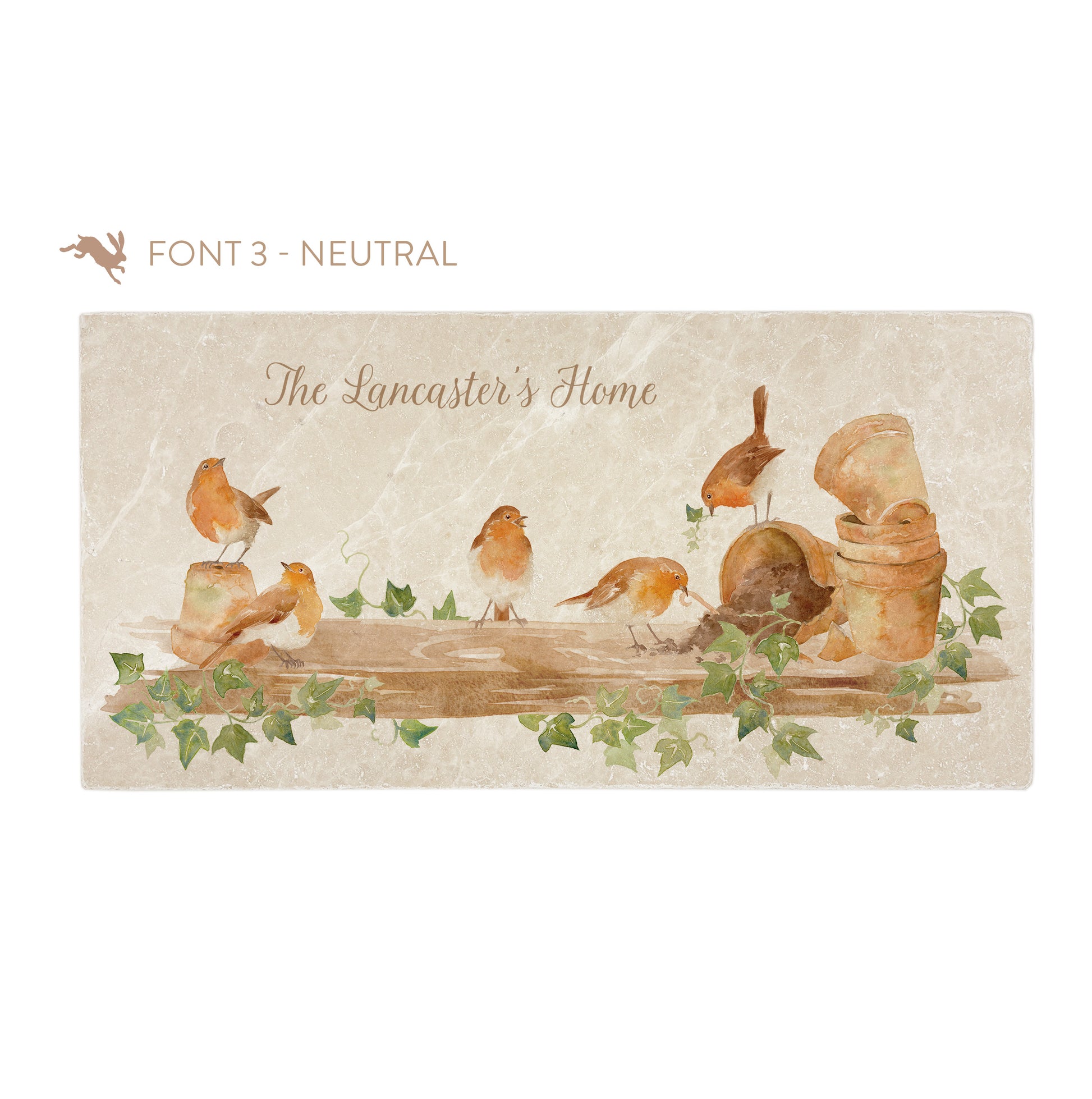 A personalised rectangular marble sharing platter featuring a group of robins up to mischief in a watercolour style. The example personalised neutral colour text reads ‘The Lancaster's Home’ in a brush script font.