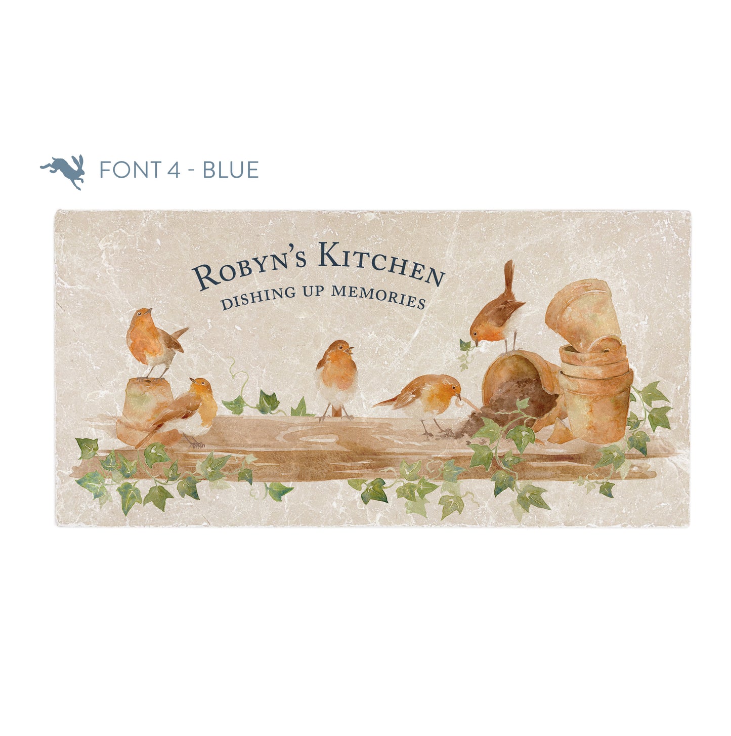 A personalised rectangular marble sharing platter featuring a group of robins up to mischief in a watercolour style. The example personalised dark blue text reads ‘Robyn's Kitchen, Dishing Up Memories' in a classic serif font.