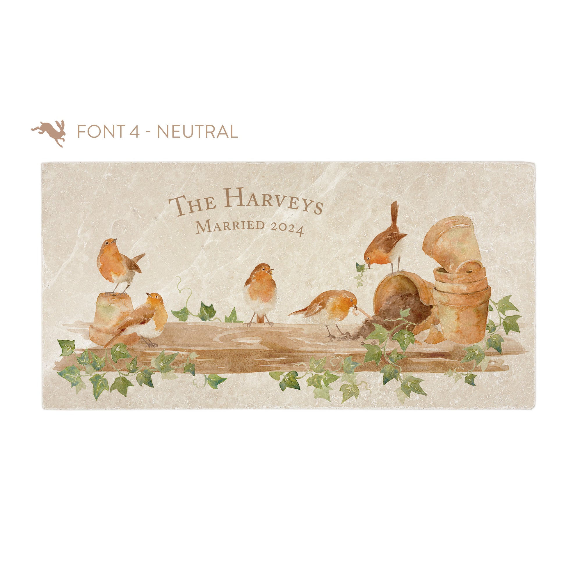 A personalised rectangular marble sharing platter featuring a group of robins up to mischief in a watercolour style. The example personalised neutral colour text reads ‘The Harveys, Married 2024' in a classic serif font.