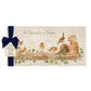A personalised marble sharing platter featuring a group of robins up to mischief in a watercolour style, packaged with a luxurious dark blue bow and branded gift tag.