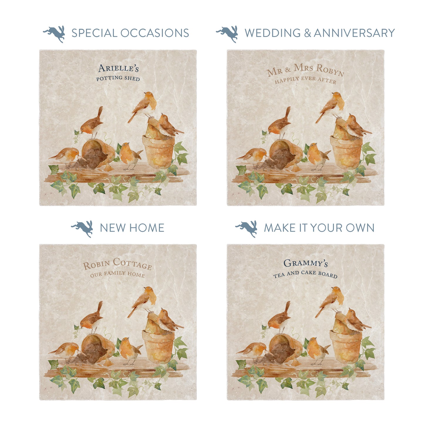 Collection of large marble platters showing the personalisation options available for all occasions including birthdays, weddings, anniversaries and new home gifts.