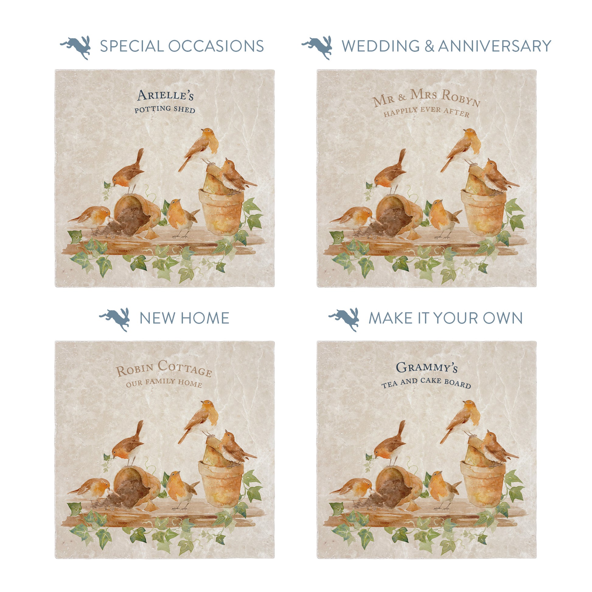 Collection of large marble platters showing the personalisation options available for all occasions including birthdays, weddings, anniversaries and new home gifts.