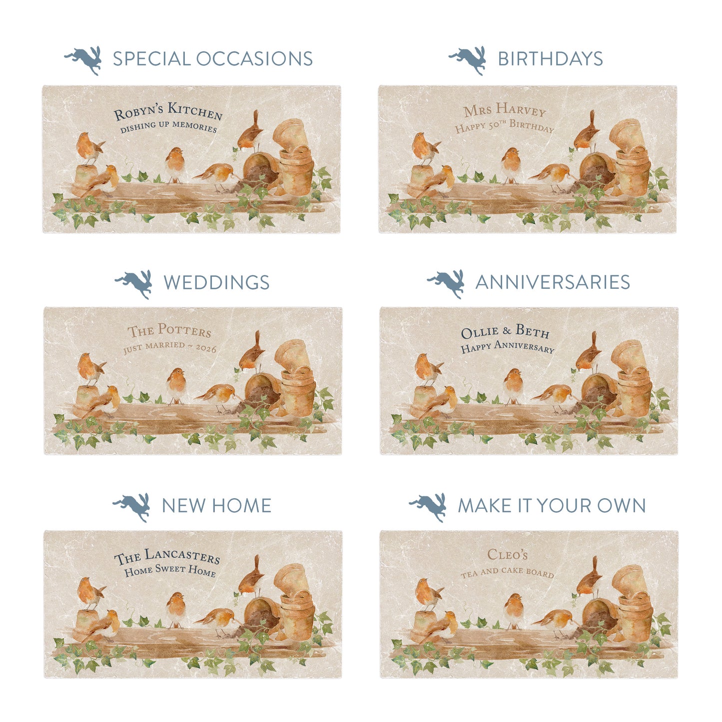 Collection of marble sharing platters showing the personalisation options available for all occasions including birthdays, weddings, anniversaries and new home gifts.