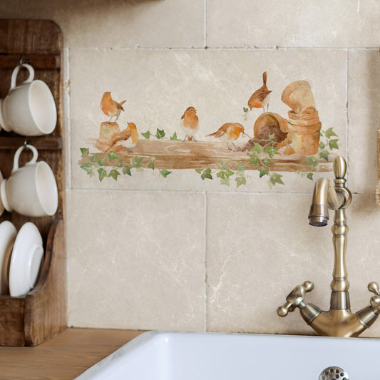 A Rabble of Robins, gathered together being mischievous in Grandads potting shed. The best decorative animal tile for the Kitchen
