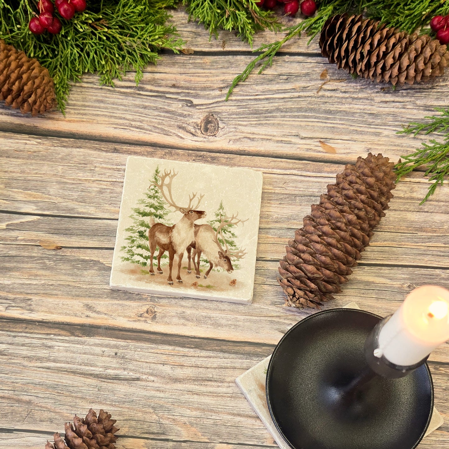 The Reindeers rest design features reindeer appearing from an opening in the wintery snowy forest. unique gift for someone special 