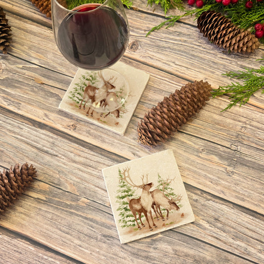 The Reindeers rest design features reindeer appearing from an opening in the wintery snowy forest. unique gift for someone special 