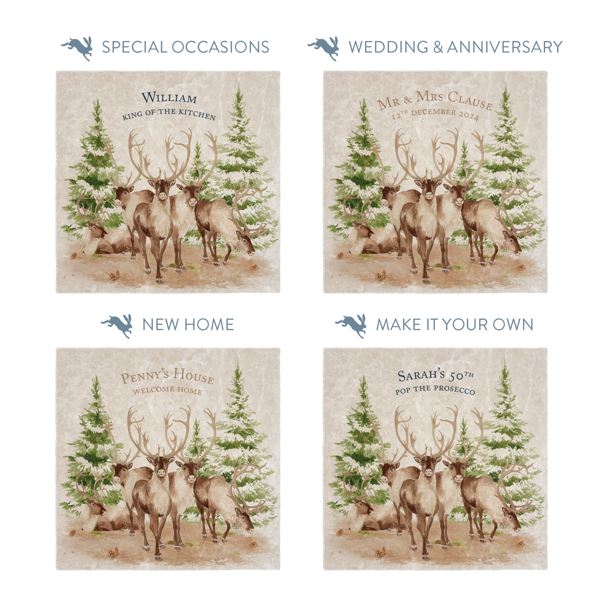 Collection of large marble platters showing the personalisation options available for all occasions including birthdays, weddings, anniversaries and new home gifts.