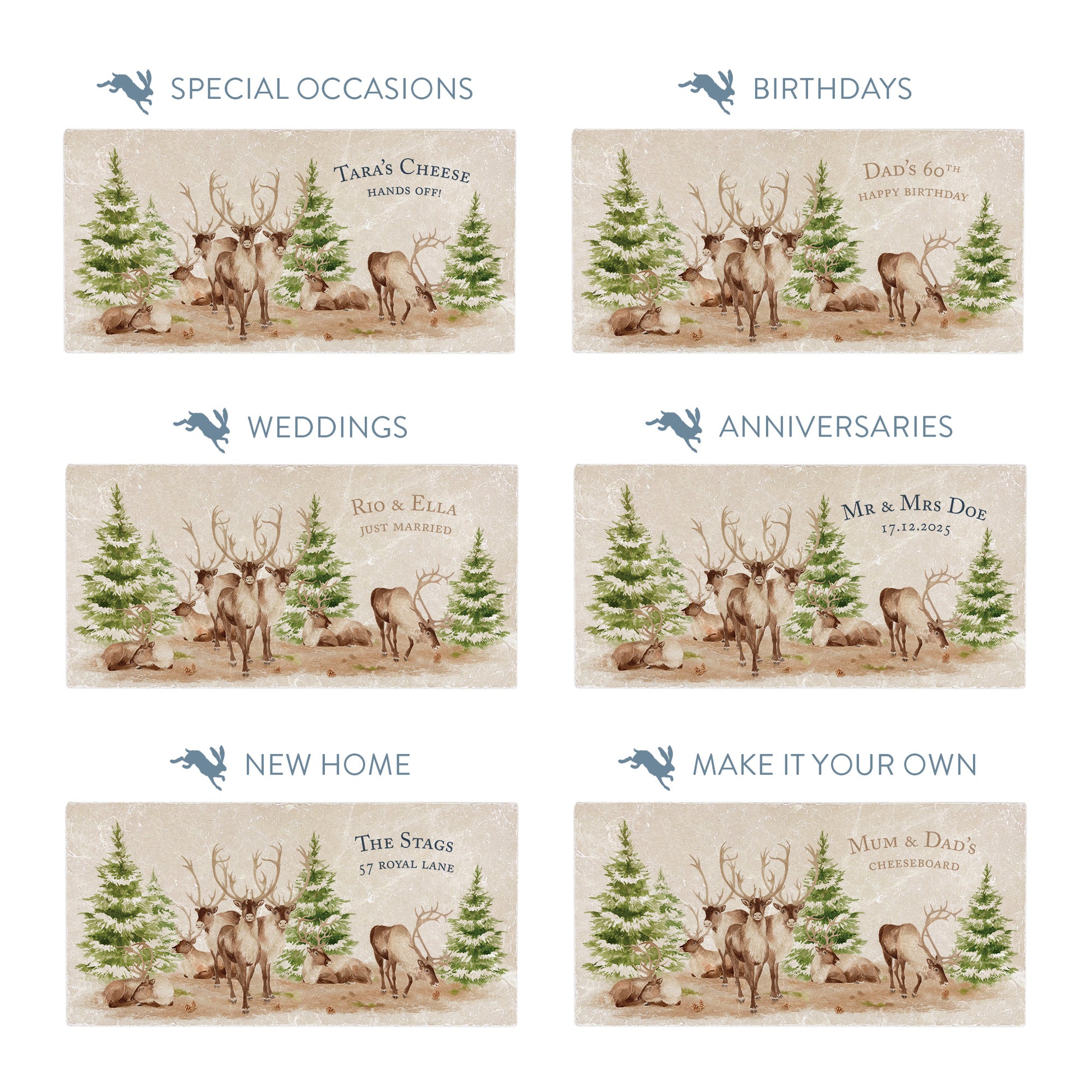 Collection of marble sharing platters showing the personalisation options available for all occasions including birthdays, weddings, anniversaries and new home gifts.