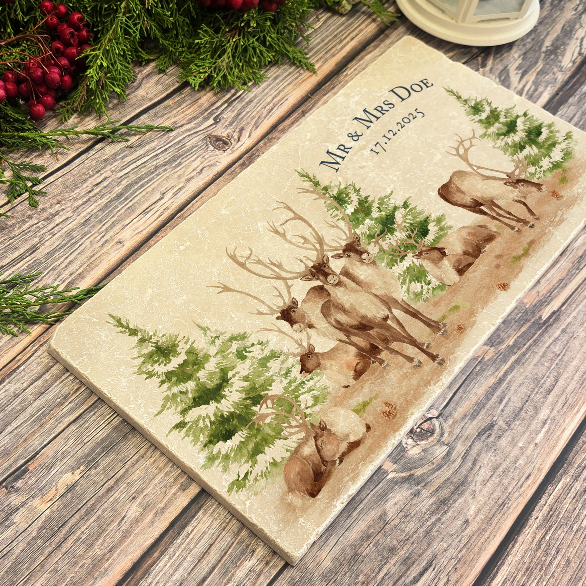 A personalised marble sharing platter with a reindeer in a pine forest watercolour design. Create a personalised serving platter, trivet or cheeseboard as a luxury gift.