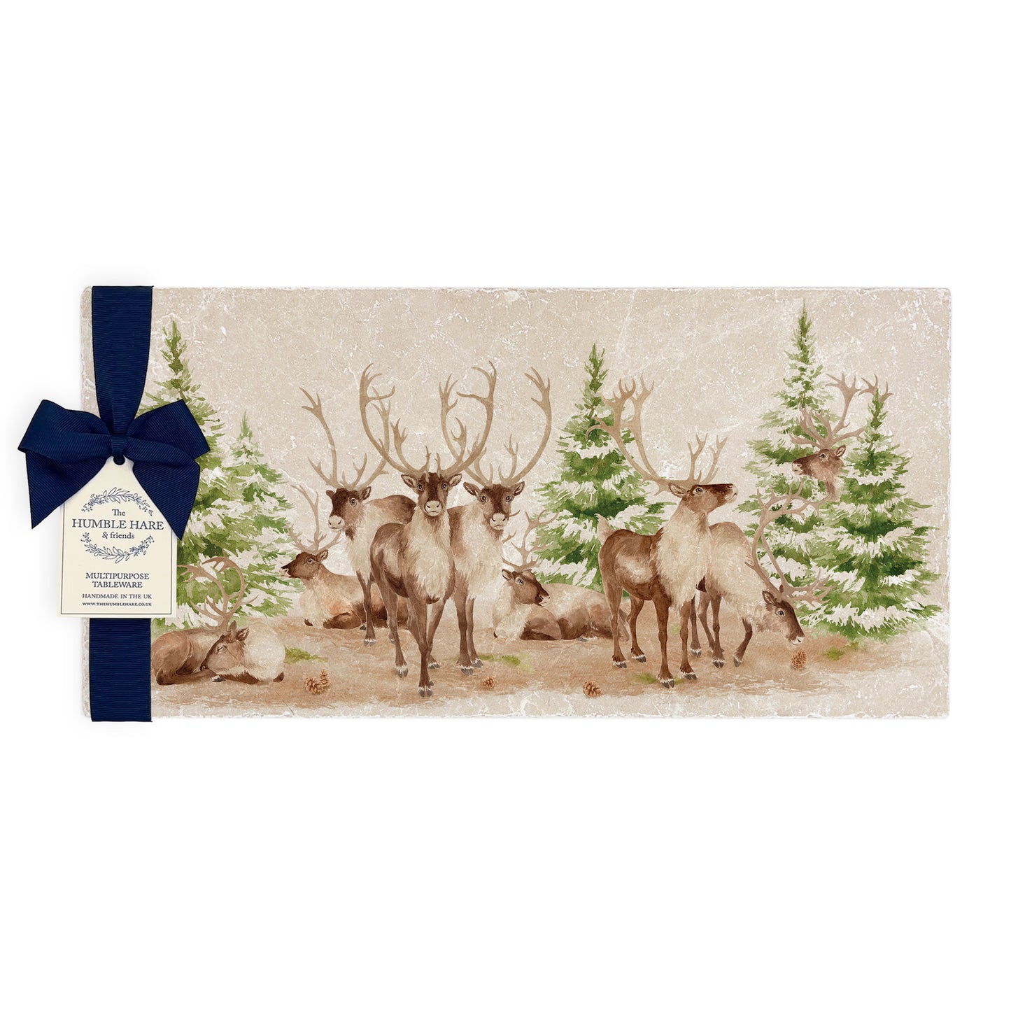 The Reindeers rest design features reindeer appearing from an opening in the wintery snowy forest. 