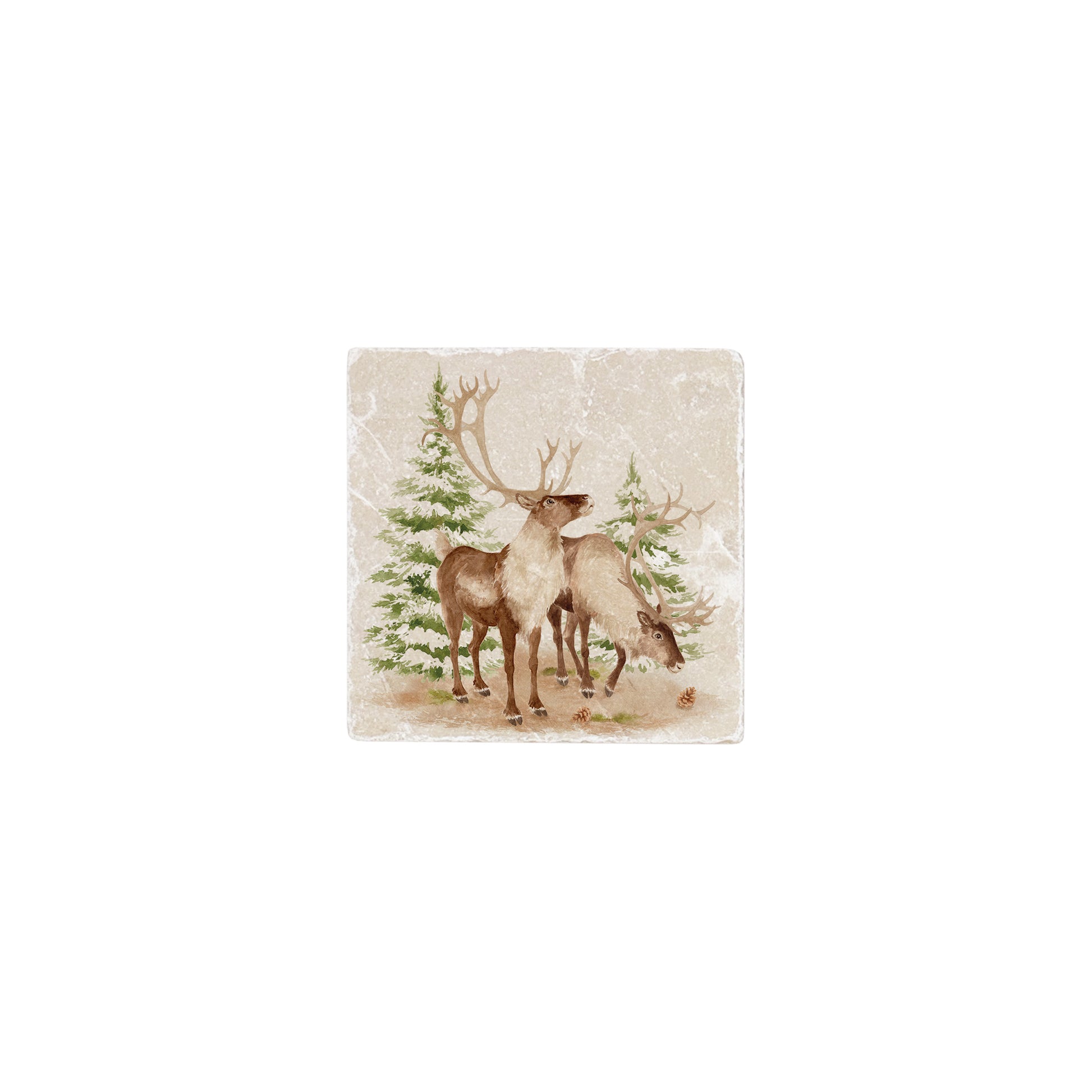 A 10x10cm cream marble splashback tile with a watercolour design featuring reindeer in a snowy forest.