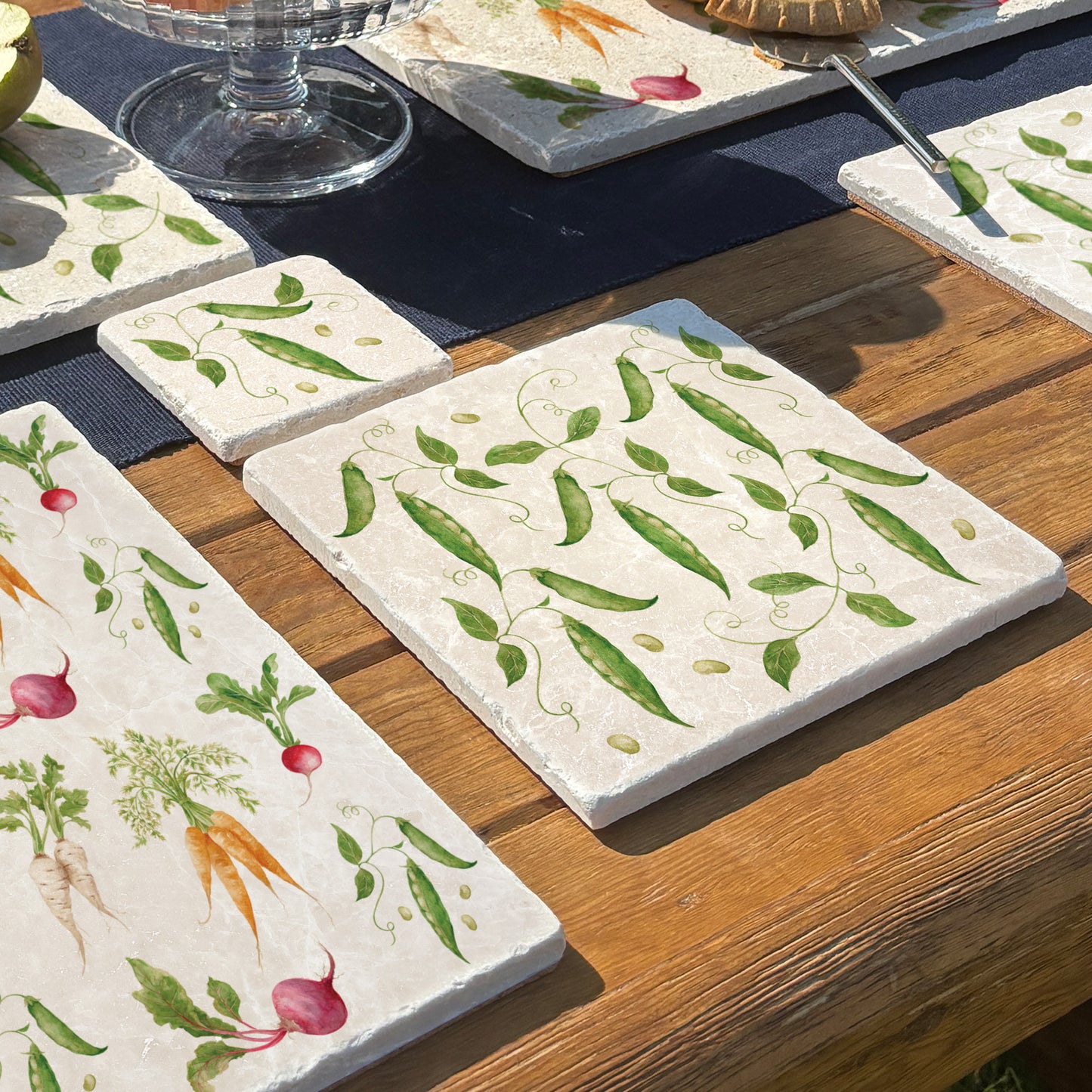 Elegant Runner Bean design on our classic marble Medium Platter Size-In The Humble Hares Classic Watercolour style 