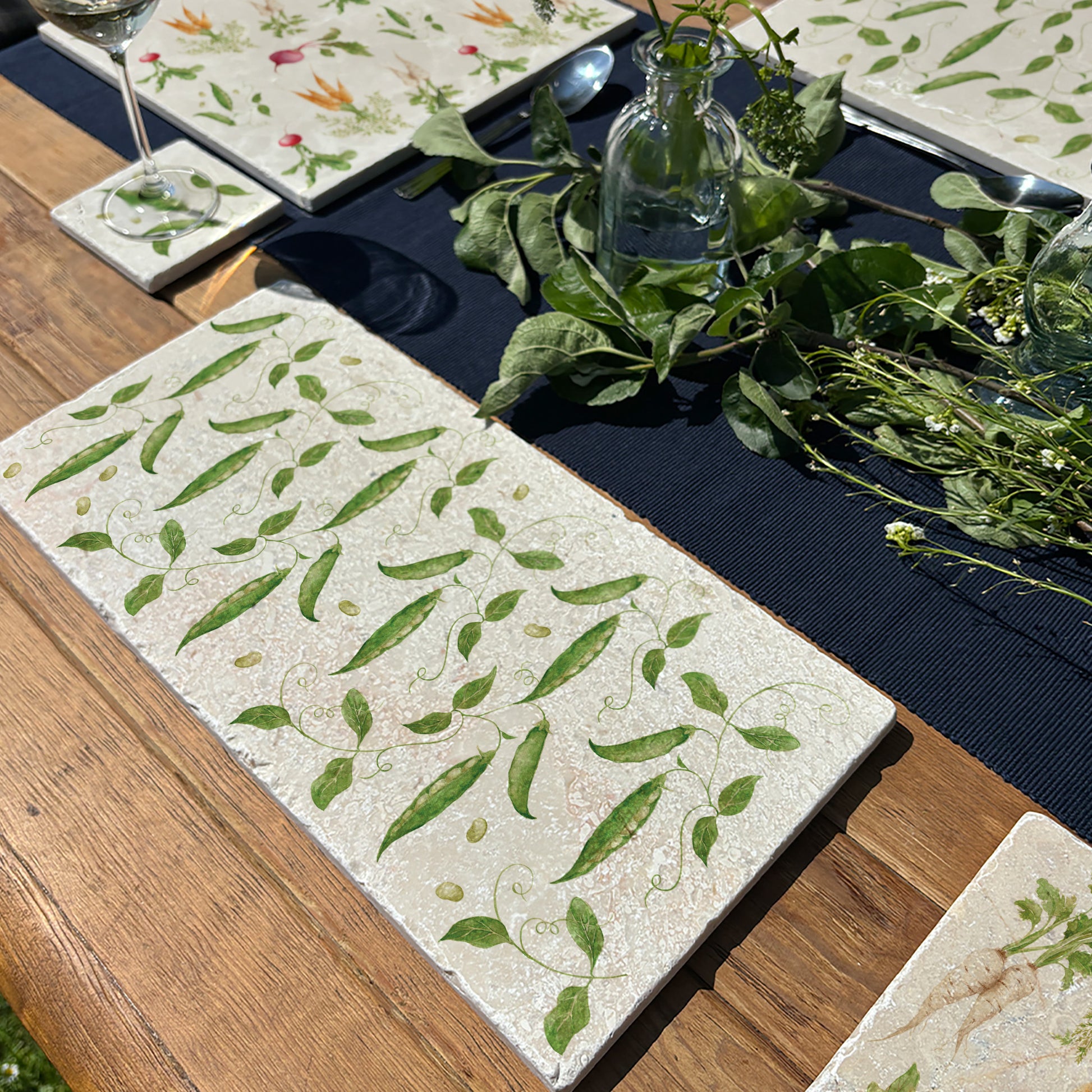 Elegant Runner Bean design on our classic marble Sharing Platter Size-In The Humble Hares Classic Watercolour style 